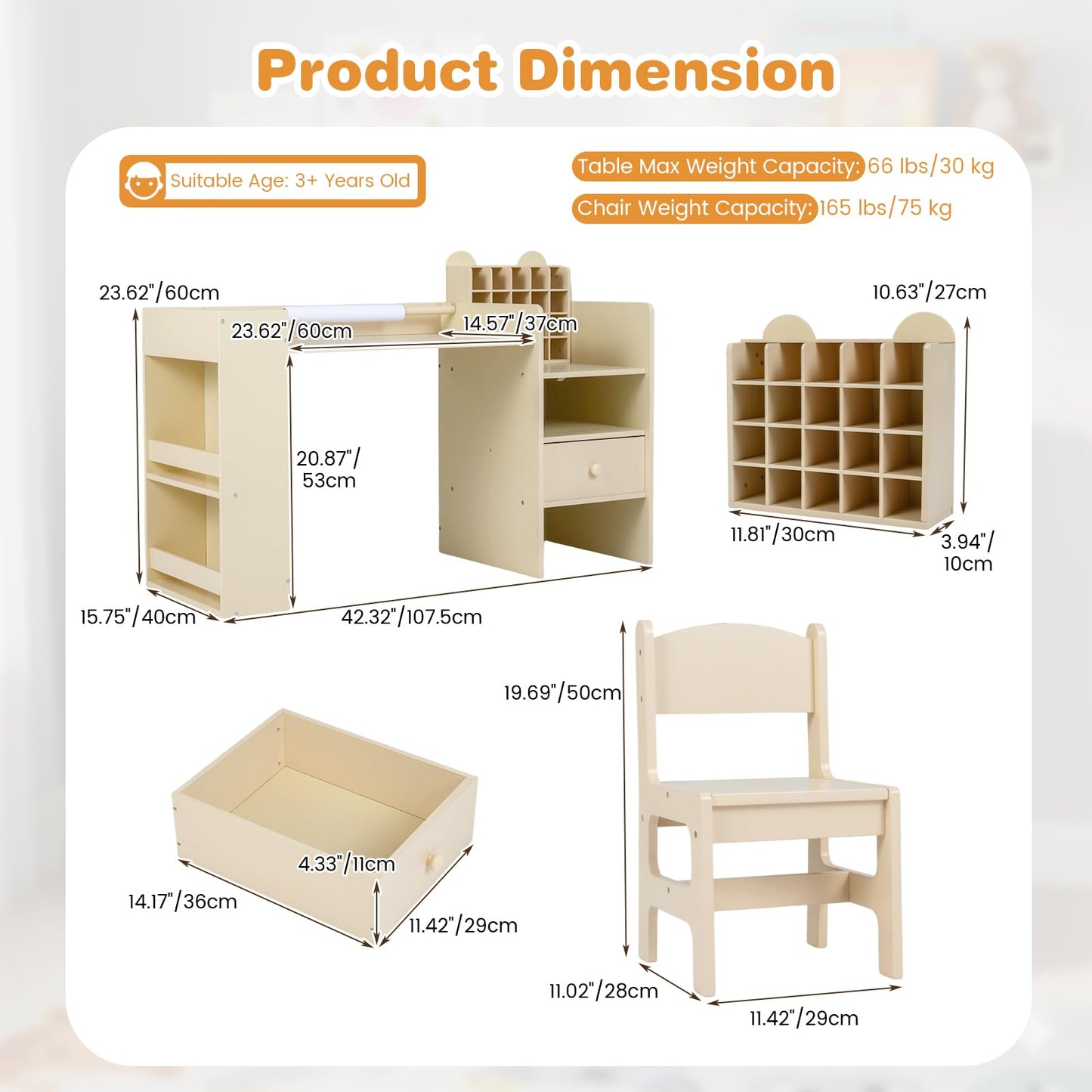 INFANS Kids Study Desk and Chair Set, Wooden Learning Table with Storage Hutch, Drawer, Paper Roll, Round MDF Student Furniture for Writing, Drawing, Ages 3+