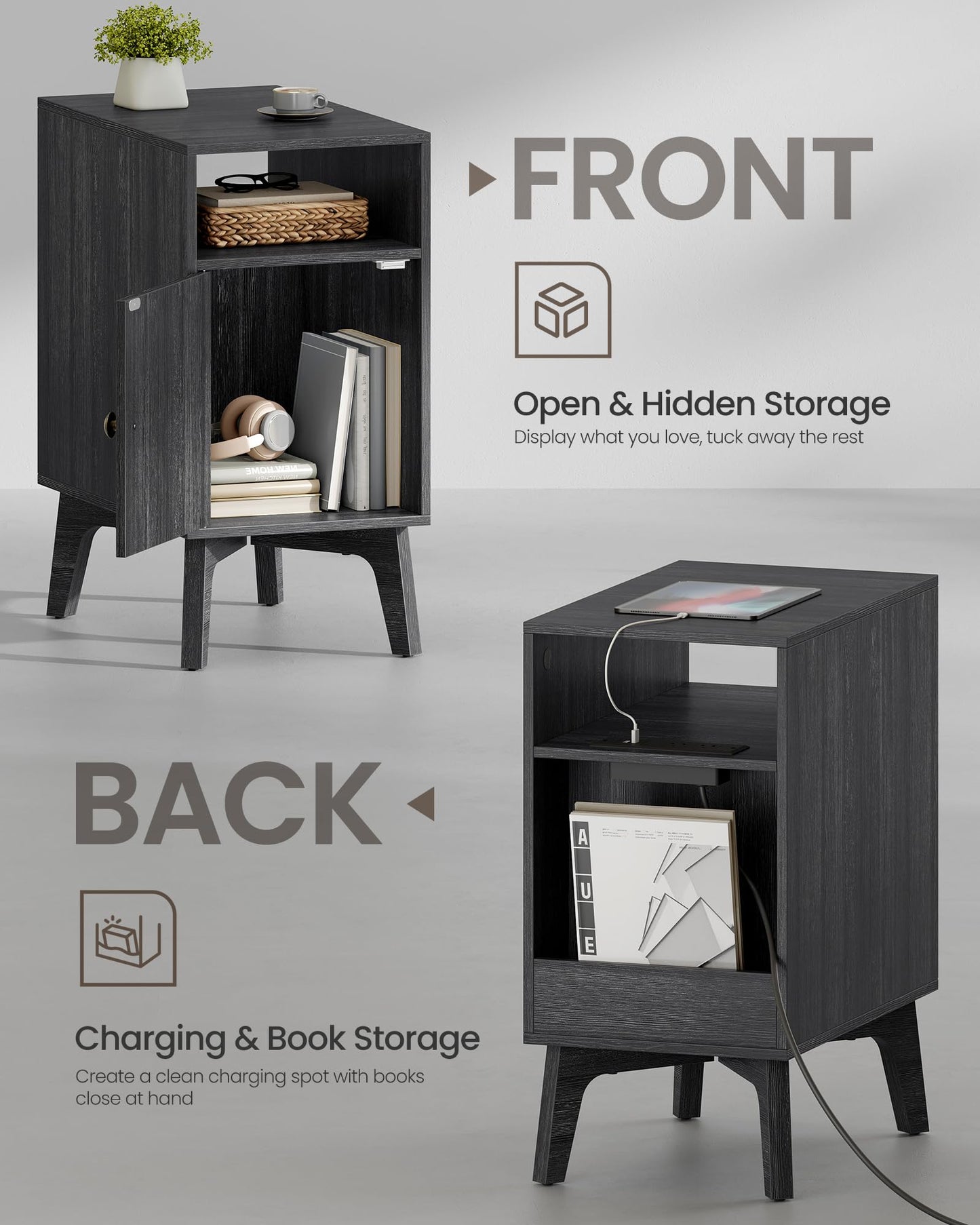 VASAGLE MAEZO Collection - End Table with Charging Station, Narrow Side Table, Nightstand with Tapered Legs, Curved Transitions, for Small Spaces, Living Room, Bedroom, Charcoal Gray ULET329B101S