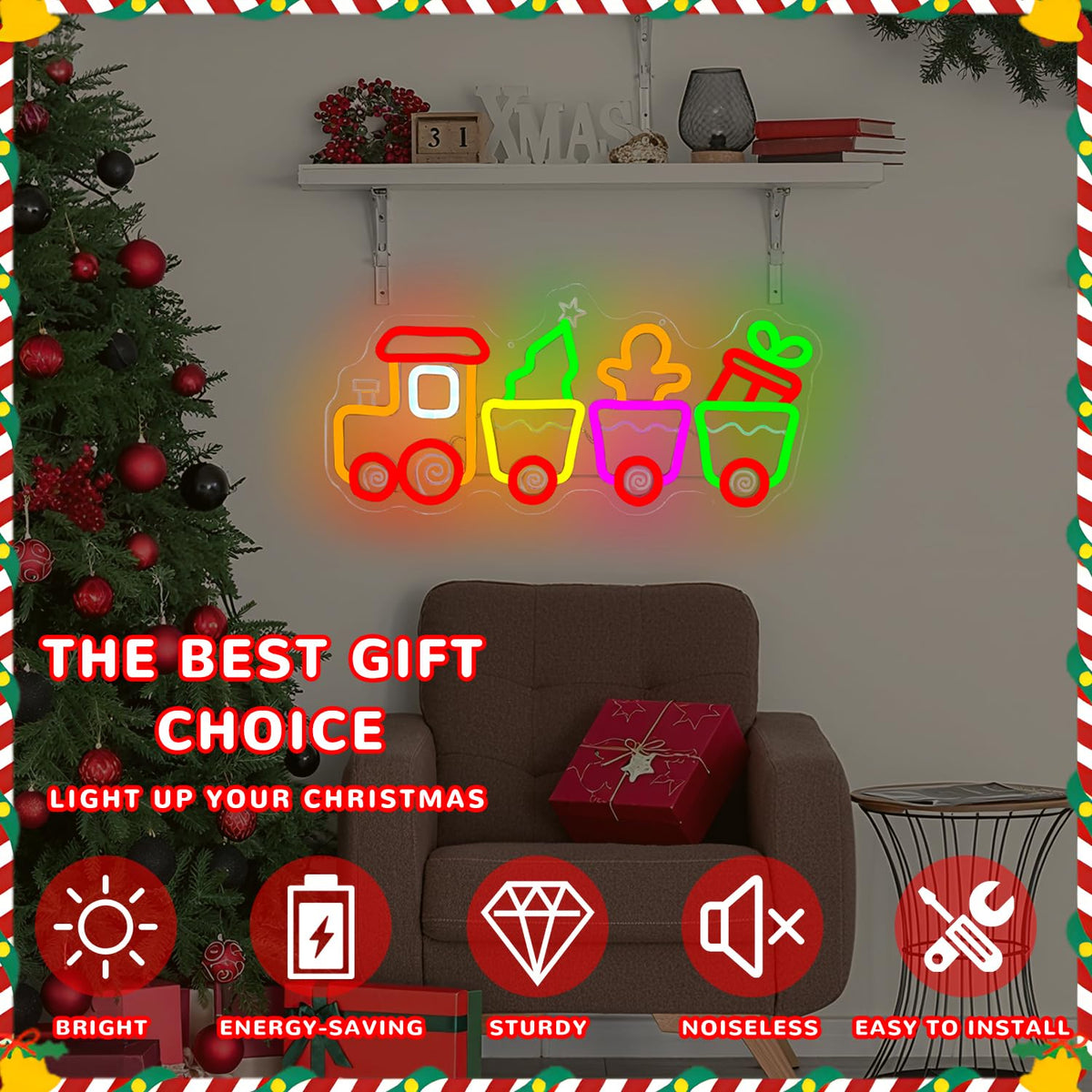 hhuohuona Christmas Train Neon Sign Gingerbread Train Led Sign Neon Christmas Lights Dimmable Light Up Sign Holiday Led Wall Decor for Home Cute Xmas Gift for Kids