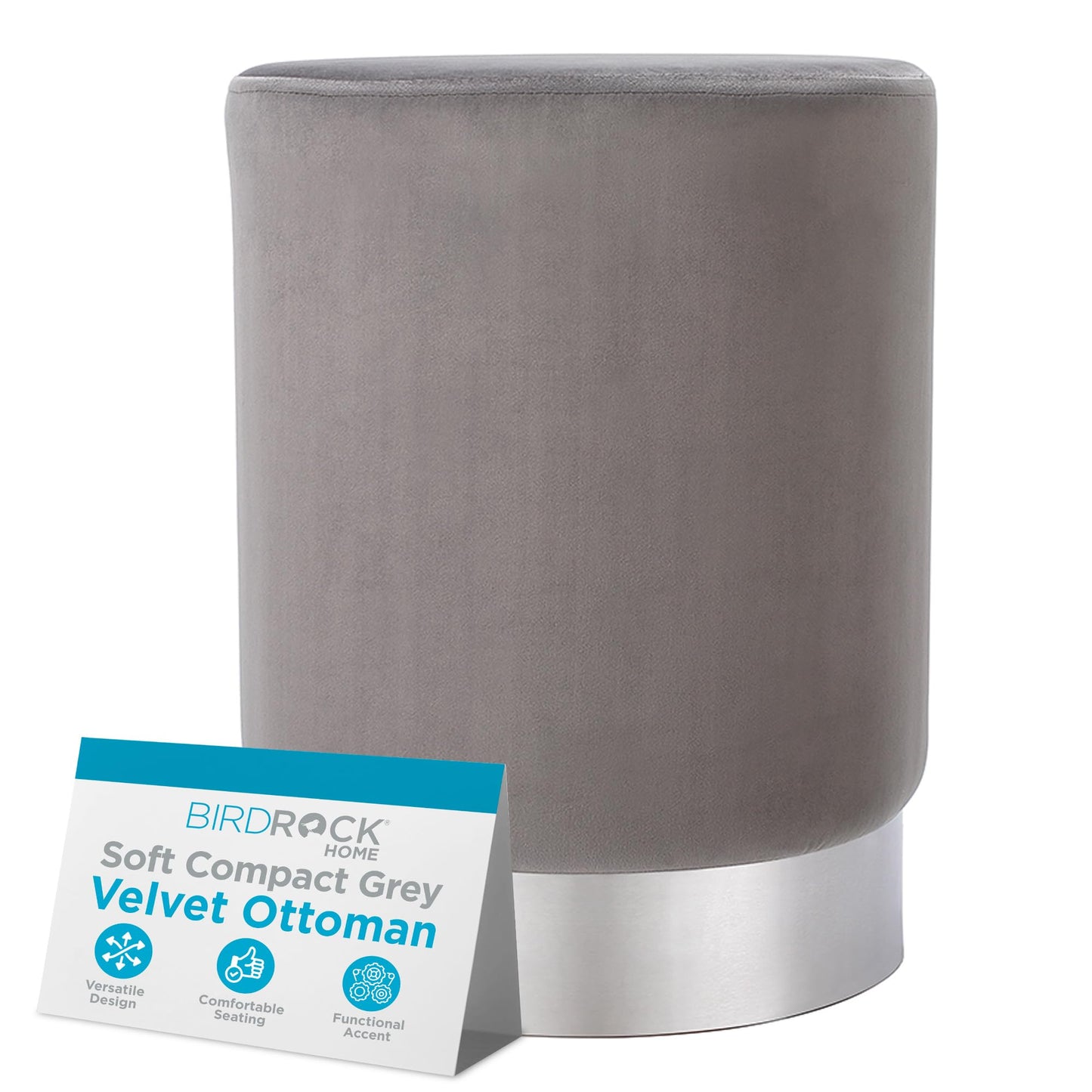 BIRDROCK HOME Round Ottoman Foot Stool – Modern Soft Padded Velvet Vanity Chair with Silver Metal Trim – Accent Chair or Foot Rest for Living Room, Bedroom, or Dressing Room (Gray)