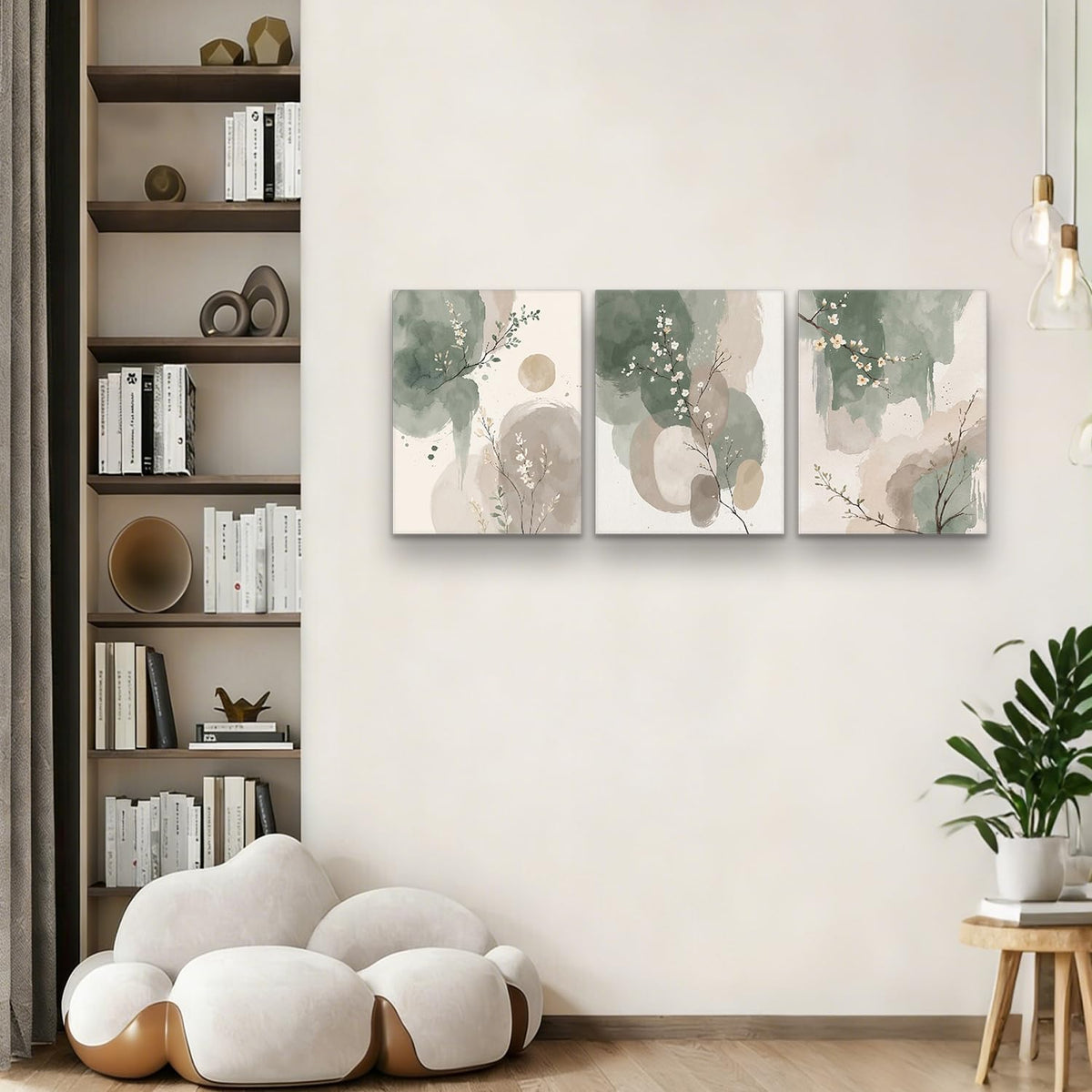 Framed canvas floral wall art neutral colors hazy feel botanical print poster gallery style painting print for living room bedroom bathroom office 16x24 inch 3-piece set.