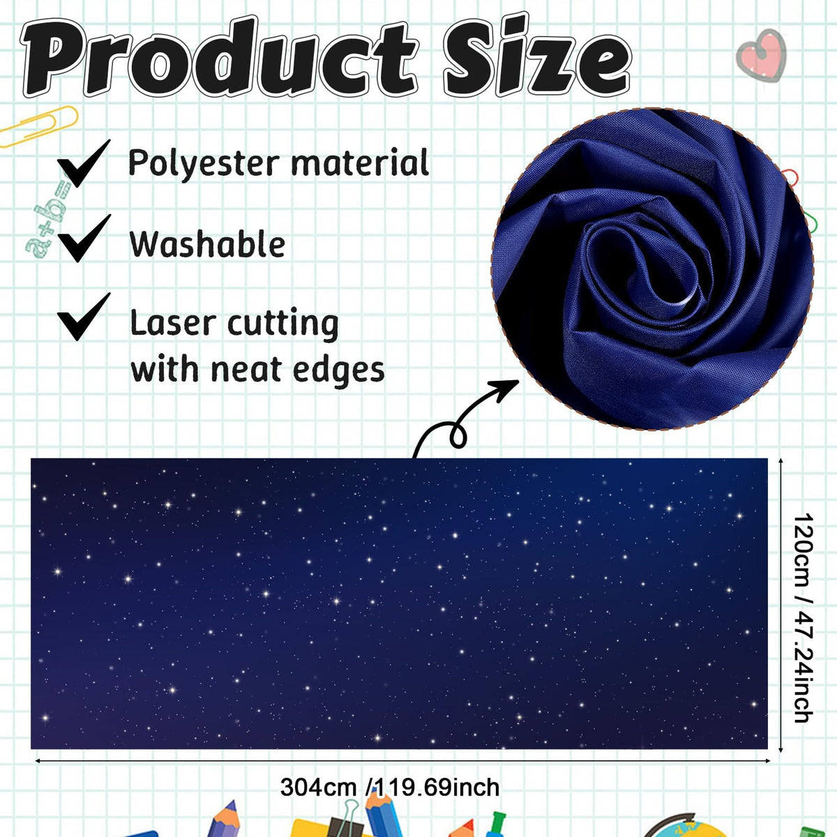 120x47 in Bulletin Board Fabric Background Back to School Classroom Decoration Large Polyester Photography Backdrop for Class Home Office Wall Decor Pillows Curtains Crafts Starry
