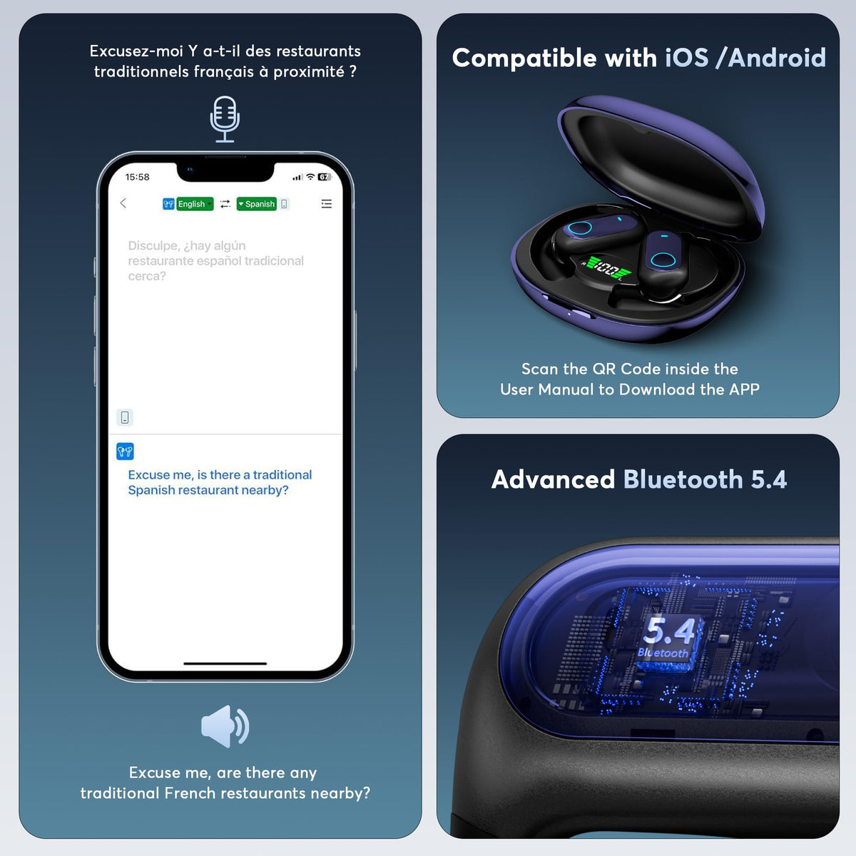 MOZC 168 Languages AI Live Translation Earbuds, 4-in-1 Smart Mode Bluetooth 5.4 Touch Screen Earphones Real-Time Headphones Translator, Fit iOS and Android Ideal for Business and Learning, Deep Blue