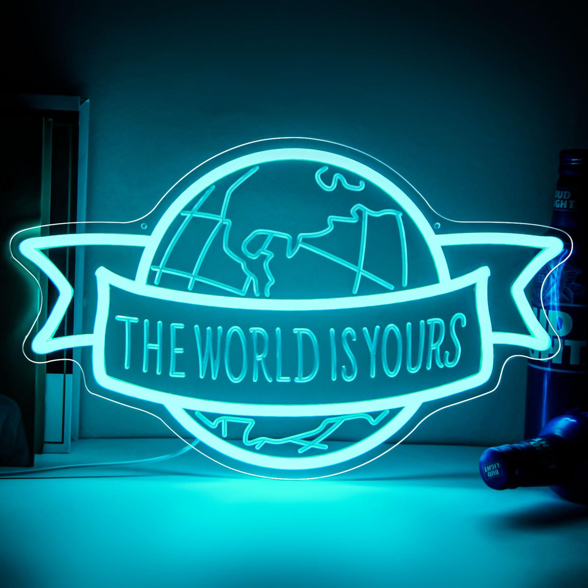 The World Is Yours Neon Sign Motivational Blue LED Neon Light for Classroom, Bedroom Man Cave Wall Decor Dimmable, Unique Birthday Christmas Gift for Kids, Teens, Adults