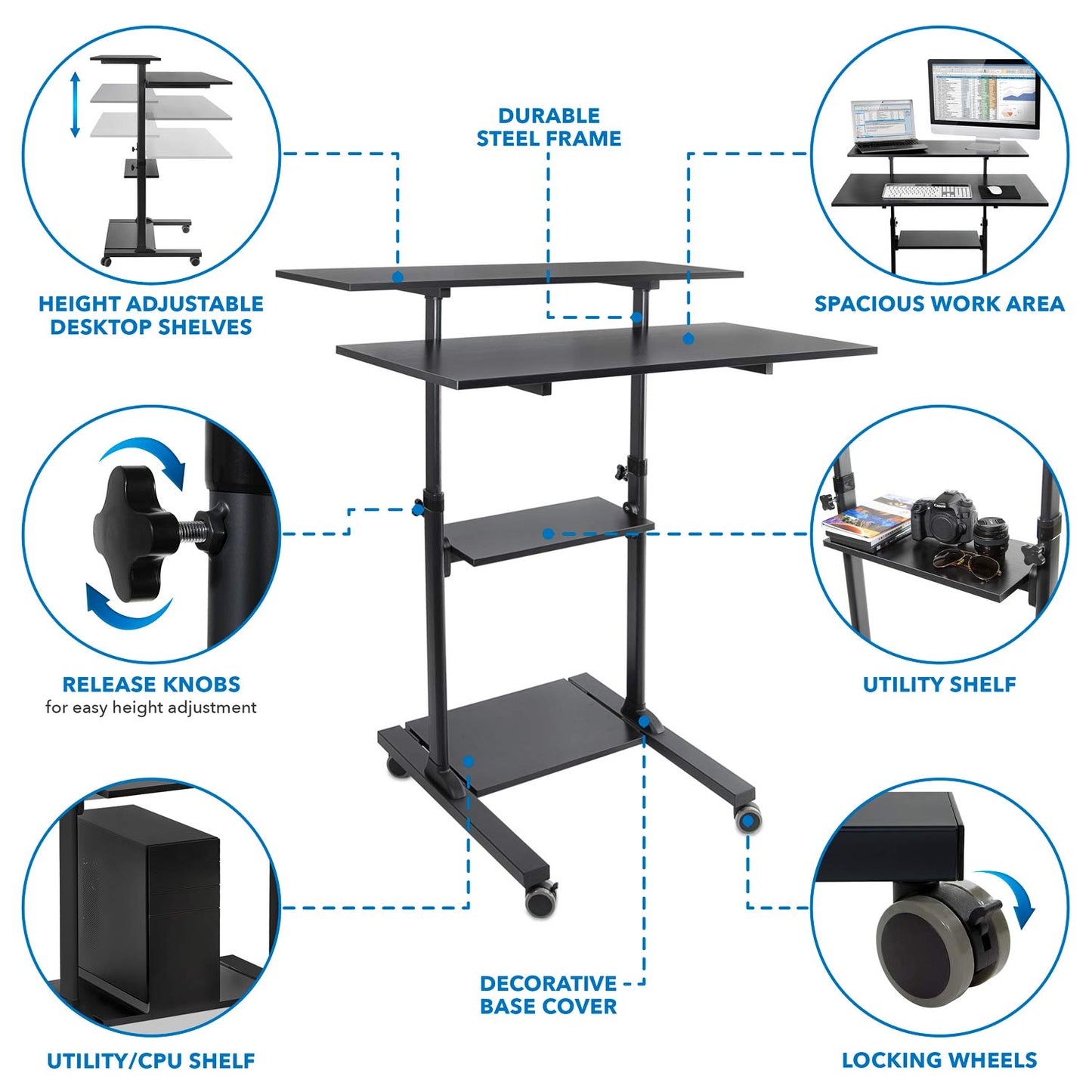 Mount-It! Mobile Desk Workstation 40 Inch Wide Large Rolling Computer Desk is Height Adjustable to 64 Inches, Sit Stand Computer Cart with Multi Level Shelves on Wheels in Black