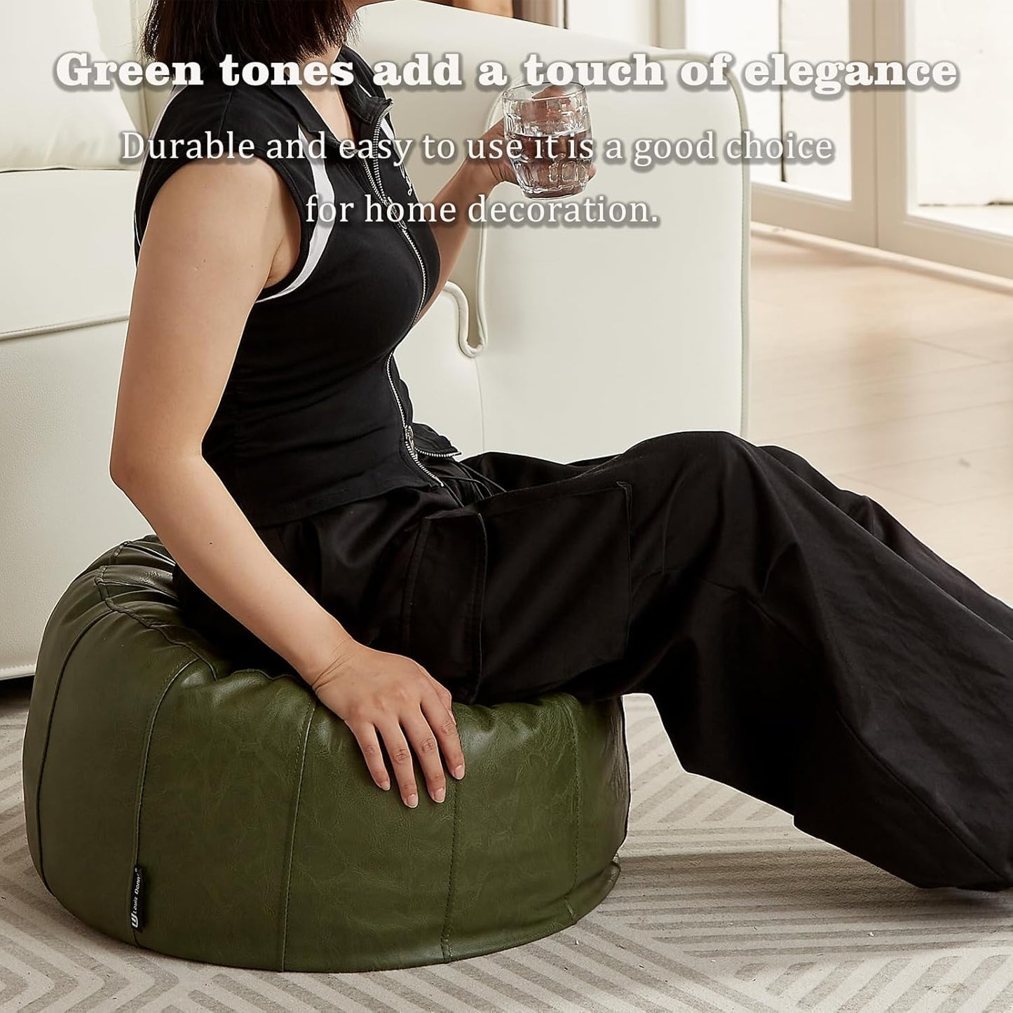 Louis Donné Waterproof Unstuffed Pouf Ottoman for Foot Rest DIY Faux Leather Moroccan Retro Stytle no Filler Cover Storage for Books Home docoration Pet priendly (Only Cover)(Lucky Green)