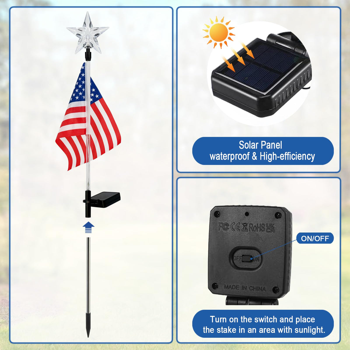 4th of July Decorations Outdoor,3 Pack American Flag for Outside Garden Stakes,Patriotic Solar Lights Outdoor Pathway,Yard,Lawn,National Day