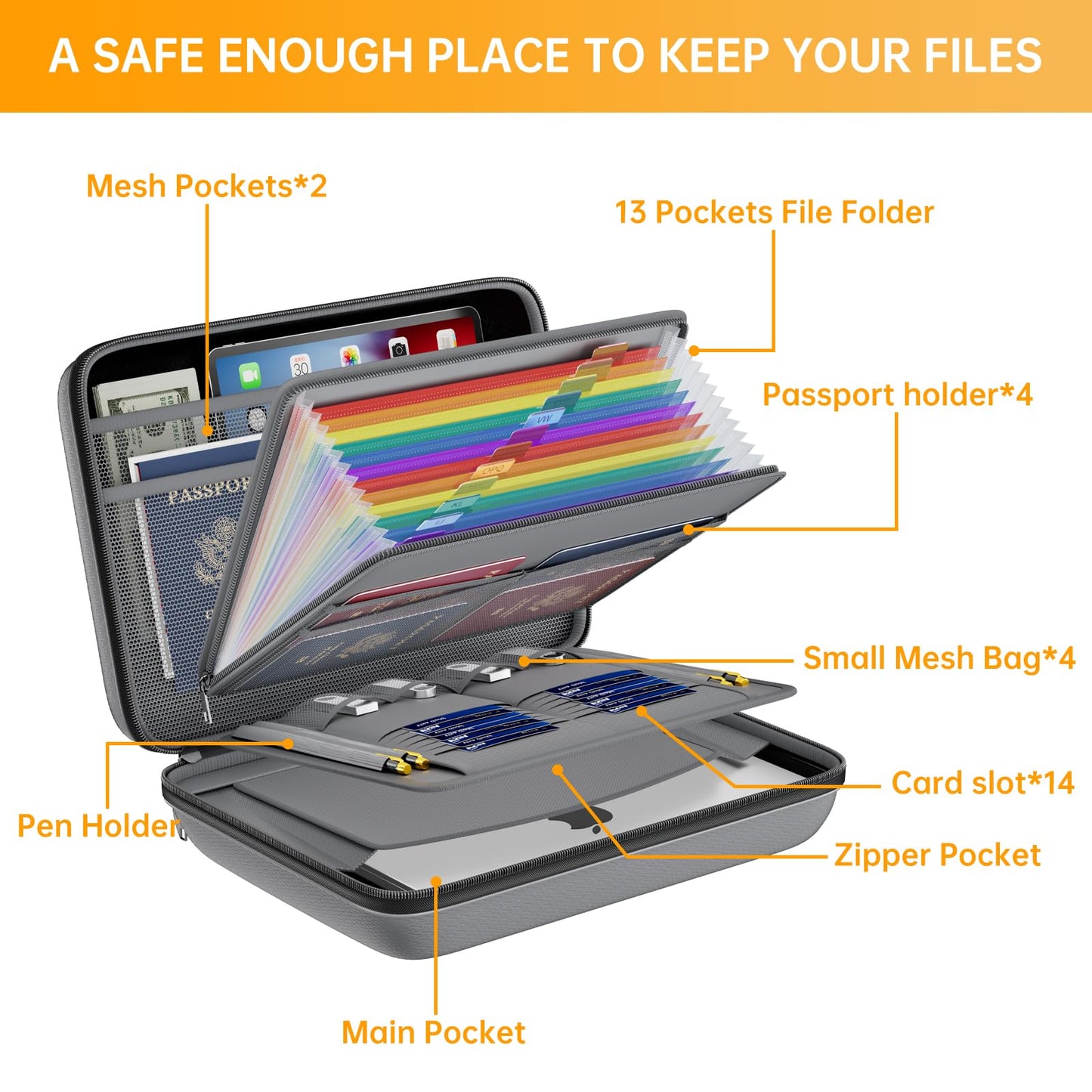 DocSafe Fireproof File Organizer with Lock, Hard-Shell Case Fireproof Document Box with 13 Pocket Accordion File Folder, Portable Home Office Travel Safe Storage for Important Documents Laptop Gray