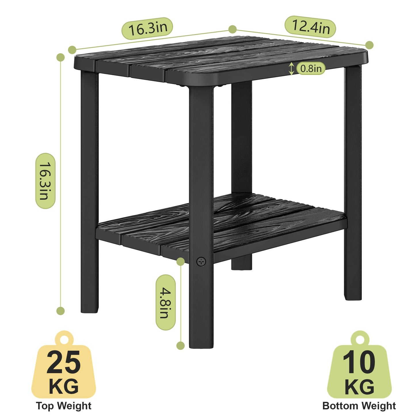 KAMABOKO Outdoor Side Table, 2-Tier Adirondack Square Patio Table, HDPE End Tables for Backyard Pool Porch Lawn, Easy Maintenance & Weather Resistant, Black
