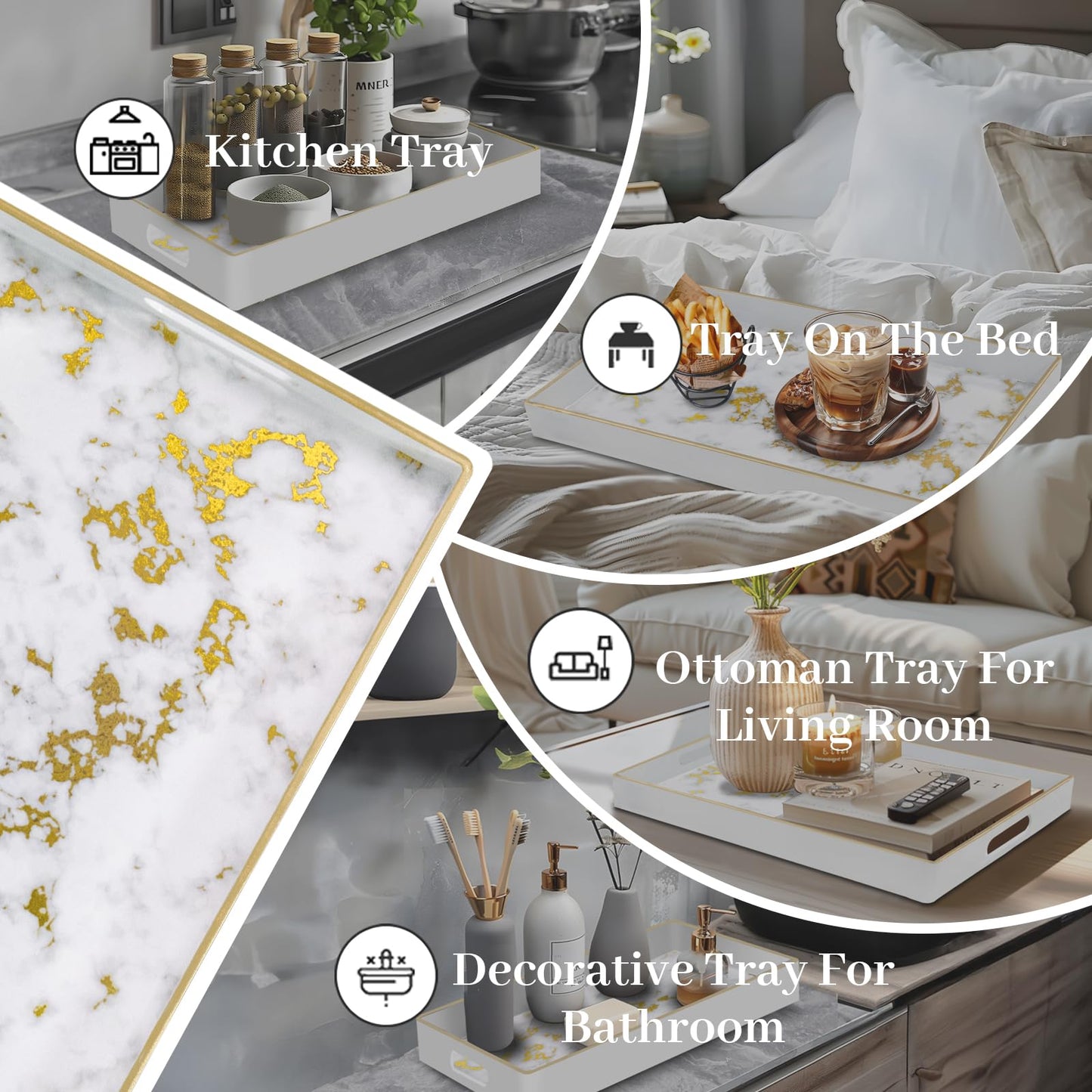 MAONAME White Decorative Tray with Handles, Plastic Serving Tray for Coffee Table, Marbling Rectangular Trays for Ottoman, Bathroom, Storage, 15.8" Lx 10.2" W X 1.4" H