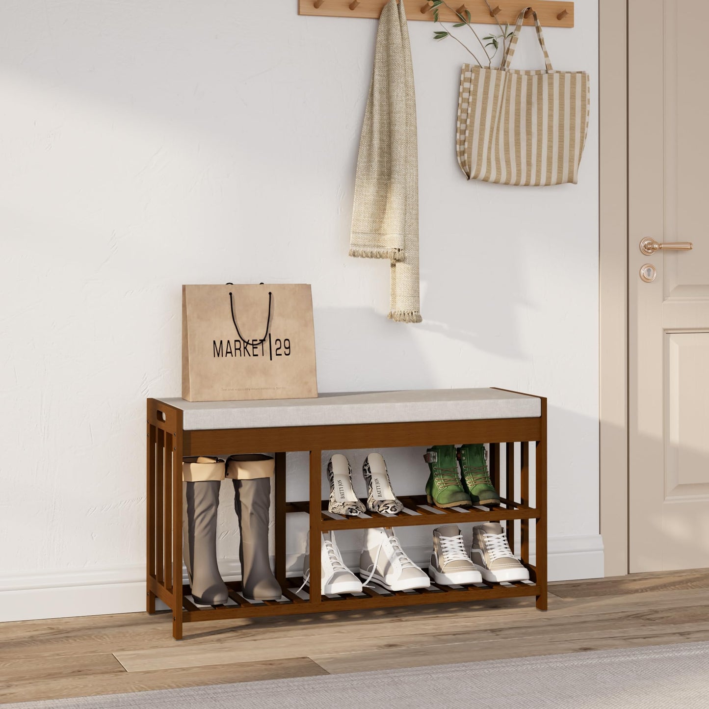 APRTAT 3-Tier Bamboo Shoe Rack Bench, Shoe Storage Organizer Bench, Entryway Benchs, Shoes Rack for Front Door Entrance, Entryway Bathroom Bedroom (Brown, Large)