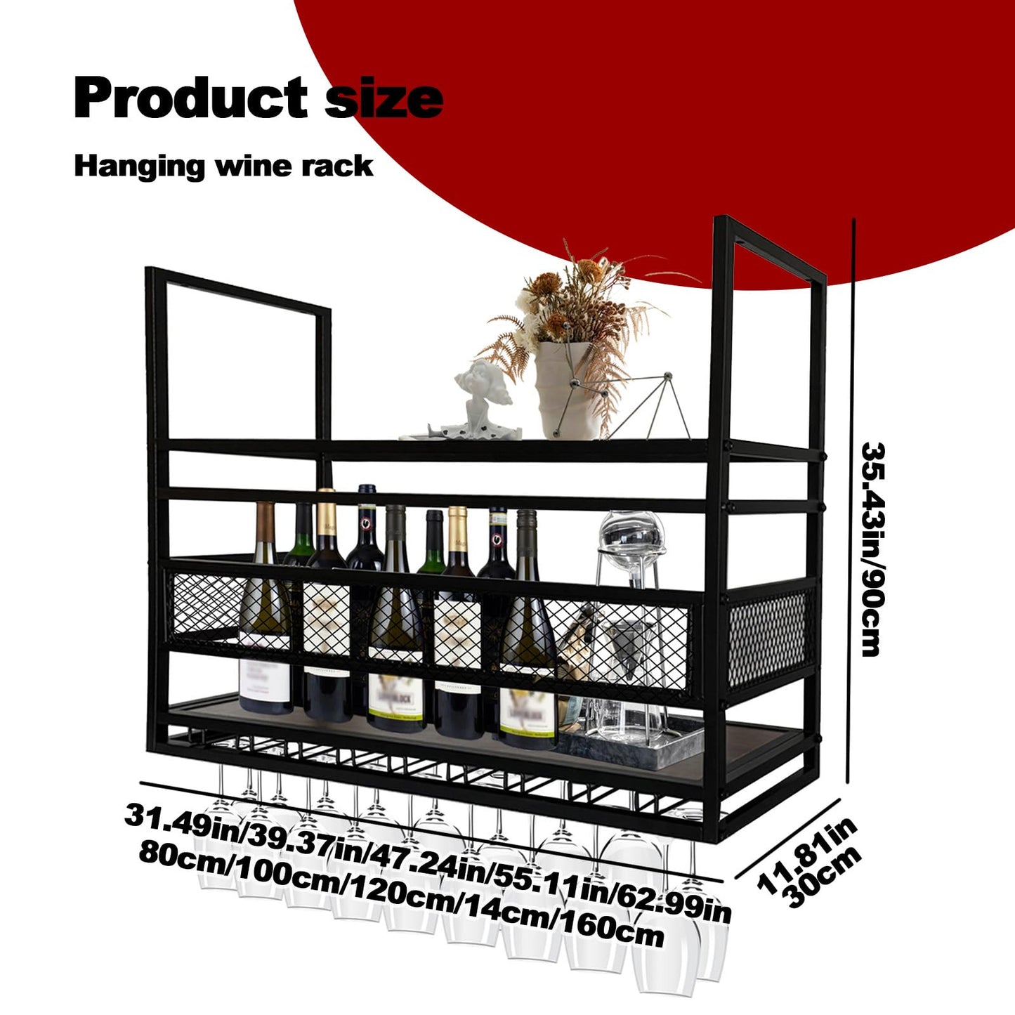 LWJQRSP 2-Tier Metal Hanging Wine Rack & Glass Holder - Stylish Wine Storage for Bar Restaurant Cafe & Kitchen - Black 80cm - Perfect for Wine Lovers & Entertainers