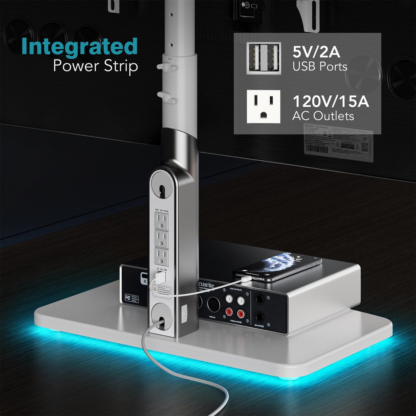 LLDEPLL Universal TV Stand Tabletop TV Mount with Power Outlet for 50-90 Inch OLED LED Monitors, 9 Levels Height Adjustment, Ambient Lighting on The Bottom Holds up to 150lbs, White Max Vesa 600x400mm