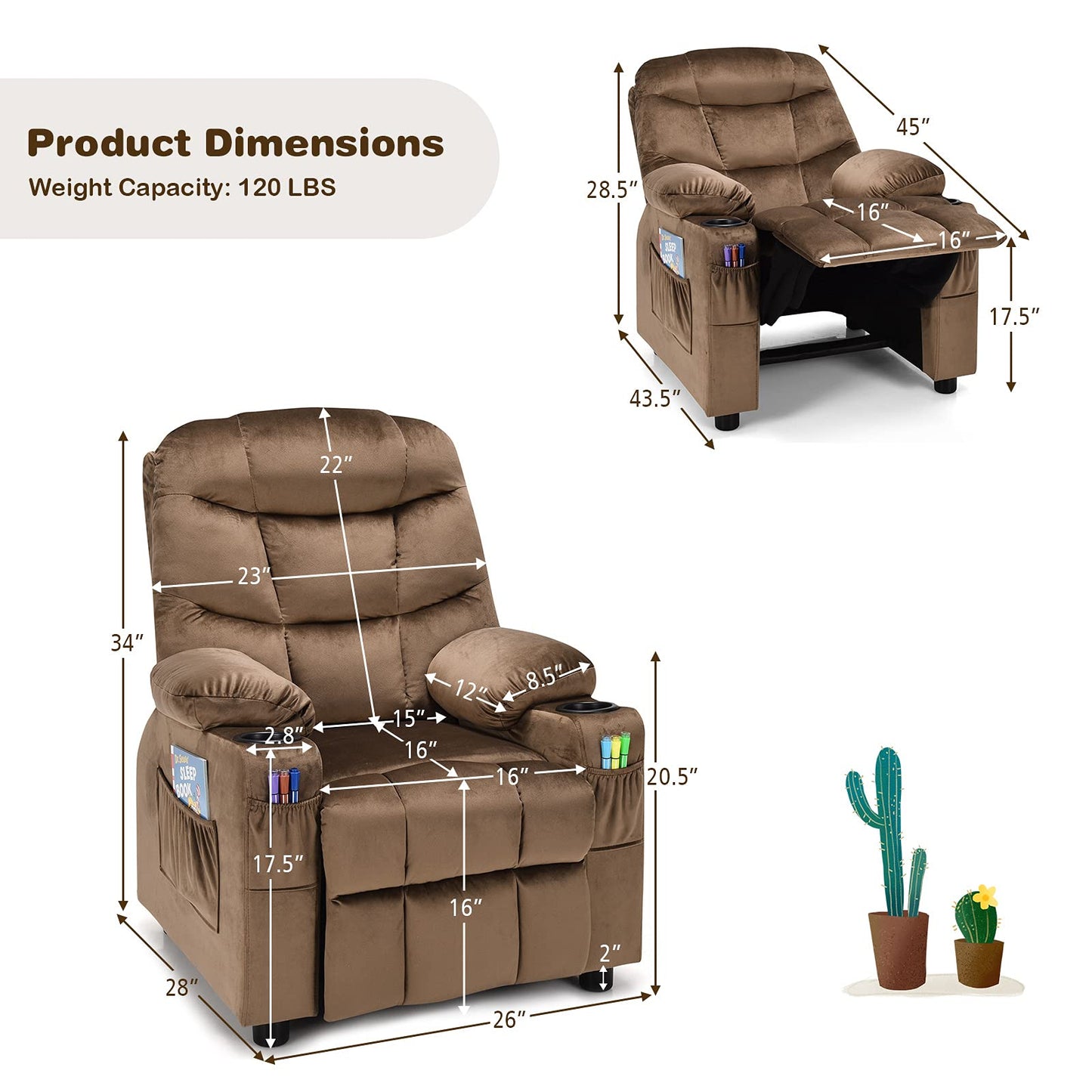 Costzon Kids Recliner Chair with Cup Holder, Adjustable Velvet Lounge Chair w/Footrest & Side Pockets for Children Boys Girls Room, Ergonomic Toddler Furniture Sofa, Kids Recliner (Brown)
