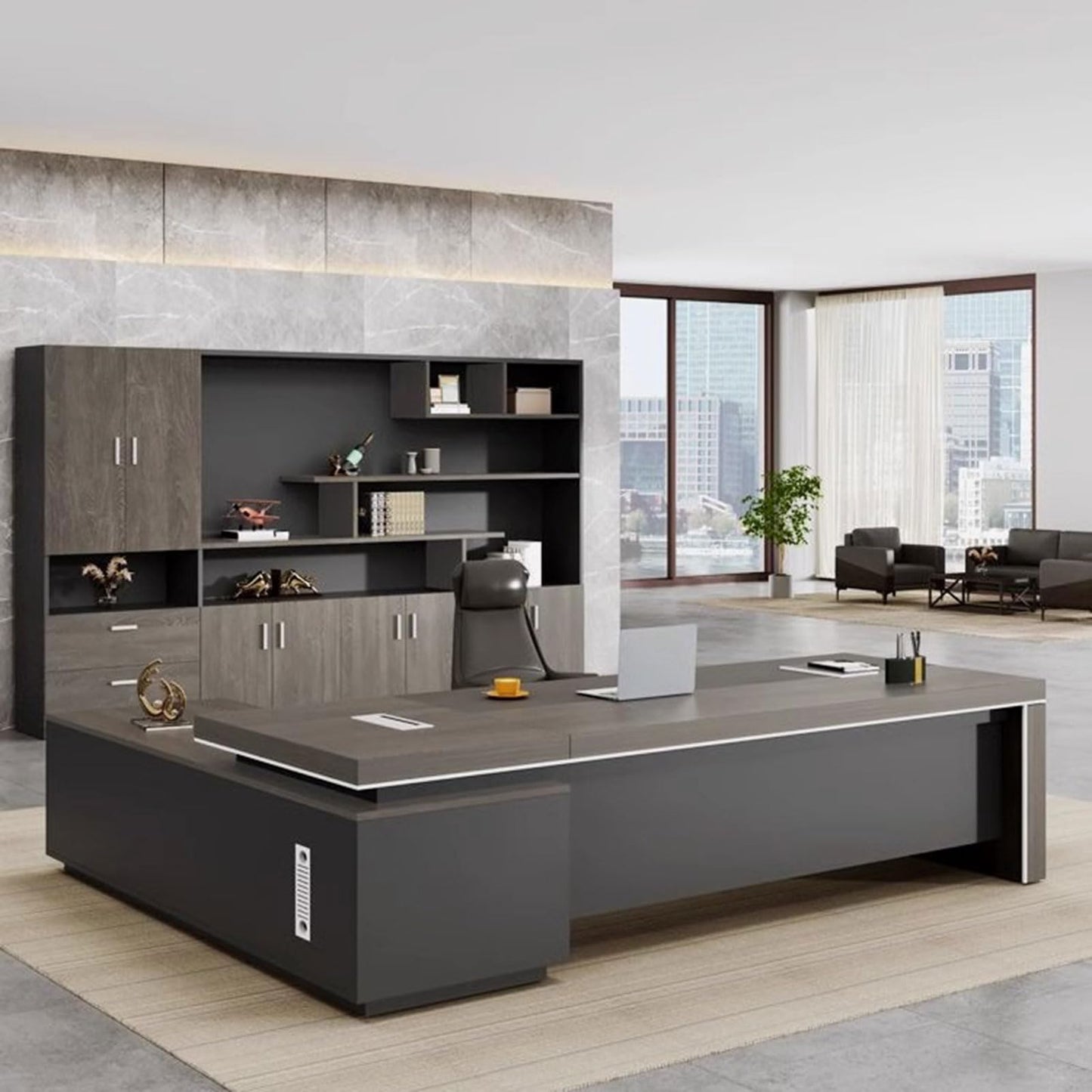 LSIGHTUS Modern Executive Desk for CEO Boss Manager with Storage Cabinet, Large Home Office Desk for CEO Boss Manager with File Drawers Business Furniture Desk Workstation for Home Office