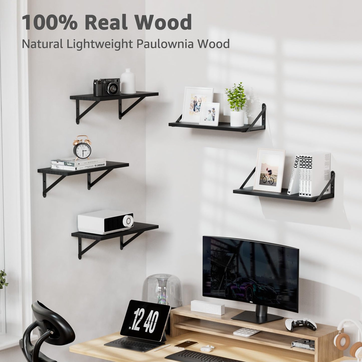 COCOYA Wall Shelves 7.3" Deep Set of 3, Solid Paulownia Wood Wider Longer Sturdy Easy to Install Wall Mounted Bookshelves Storage Shelves Bathroom Home Office Laundry Room Bedroom Organizer Black
