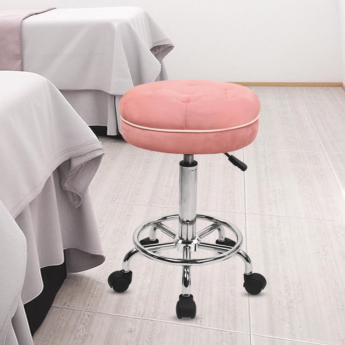KLASIKA Velet Rolling Bar Stool with Wheels, Tall Drafting Stool with Adjustable Height and Footrest, Multi-Purpose Office Desk Chair for Home Kitchen Shop Work, Pink (1PK)