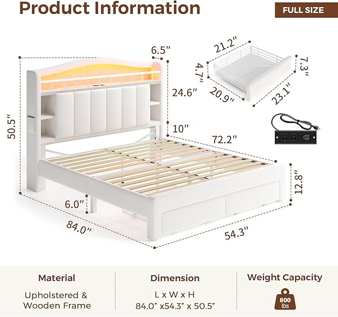 Full Size Bed Frame with LED Storage Headboard & 2 Storage Drawers, Velvet