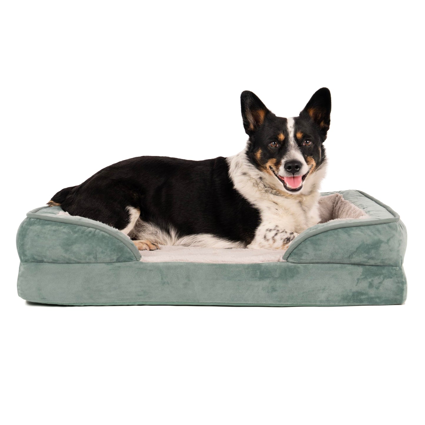 Furhaven Cooling Gel Dog Bed for Medium/Small Dogs w/ Removable Bolsters & Washable Cover, For Dogs Up to 35 lbs - Plush & Velvet Waves Perfect Comfort Sofa - Celadon Green, Medium