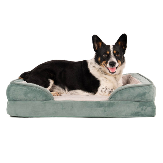 Furhaven Cooling Gel Dog Bed for Medium/Small Dogs w/ Removable Bolsters & Washable Cover, For Dogs Up to 35 lbs - Plush & Velvet Waves Perfect Comfort Sofa - Celadon Green, Medium