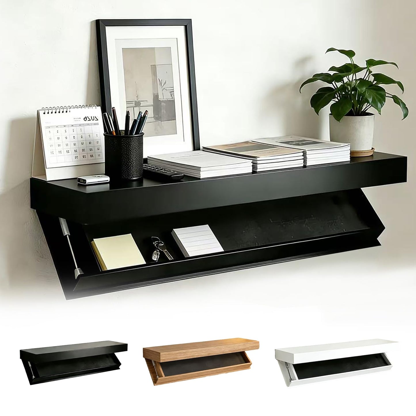 nawakol Floating Hidden Shelves for Wall with Concealed Storage Drawer, Hidden Shelf Night Stand with Secret Compartment, for Home Office Living Room, Black