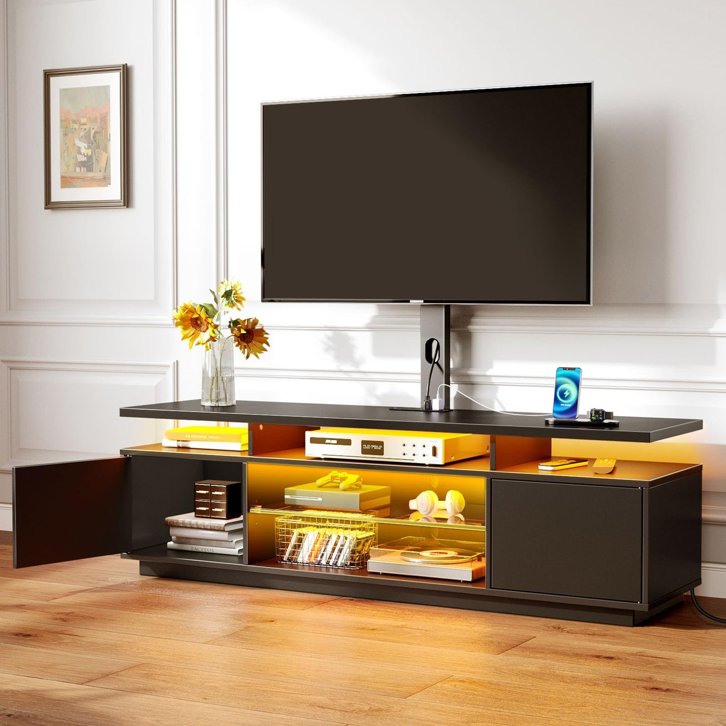 Rolanstar TV Stand with Mount and Power Outlet 51.2", Swivel TV Stand Mount for 32/45/55/60/65/70 inch TVs, Height Adjustable Modern Entertainment Center with Storage & LED Lights, TV Table Black