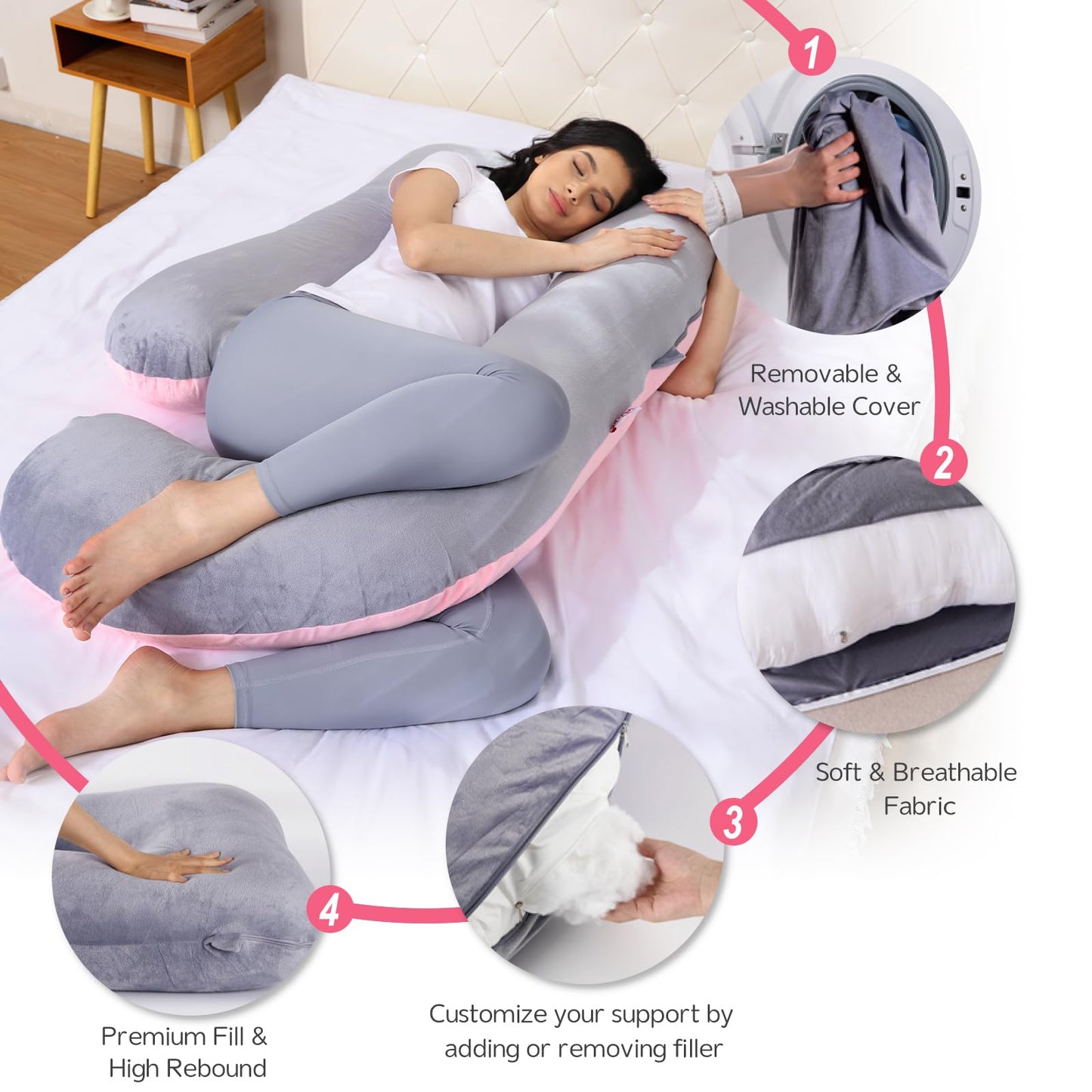 EZMOM Pregnancy Pillow for Sleeping, Soft 57“ Full Body Maternity Pillow, U Shaped with Removable Washable Cover, Support for Back, Belly, Leg, Hip, Neck & Shoulder (Pink & Grey)