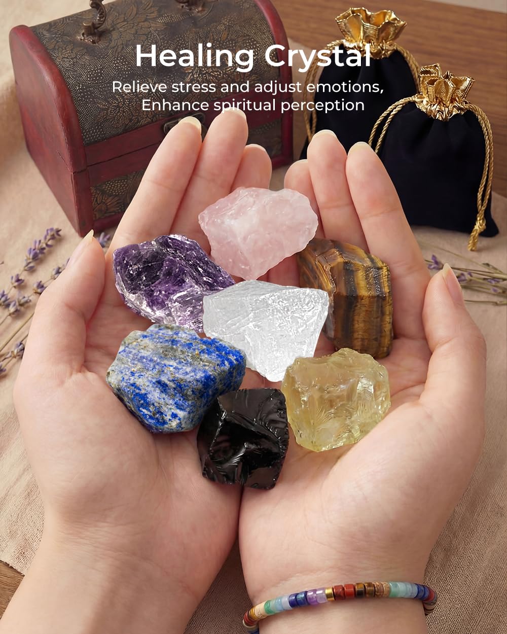Chakra Bracelets Healing Crystals Set, Crystals and Healing Stones Reiki Energy Protection, Wooden Box, Mothers Day Birthday Gifts for Mom, Meditation Relax, Relief Anxiety Stress Gifts for Women