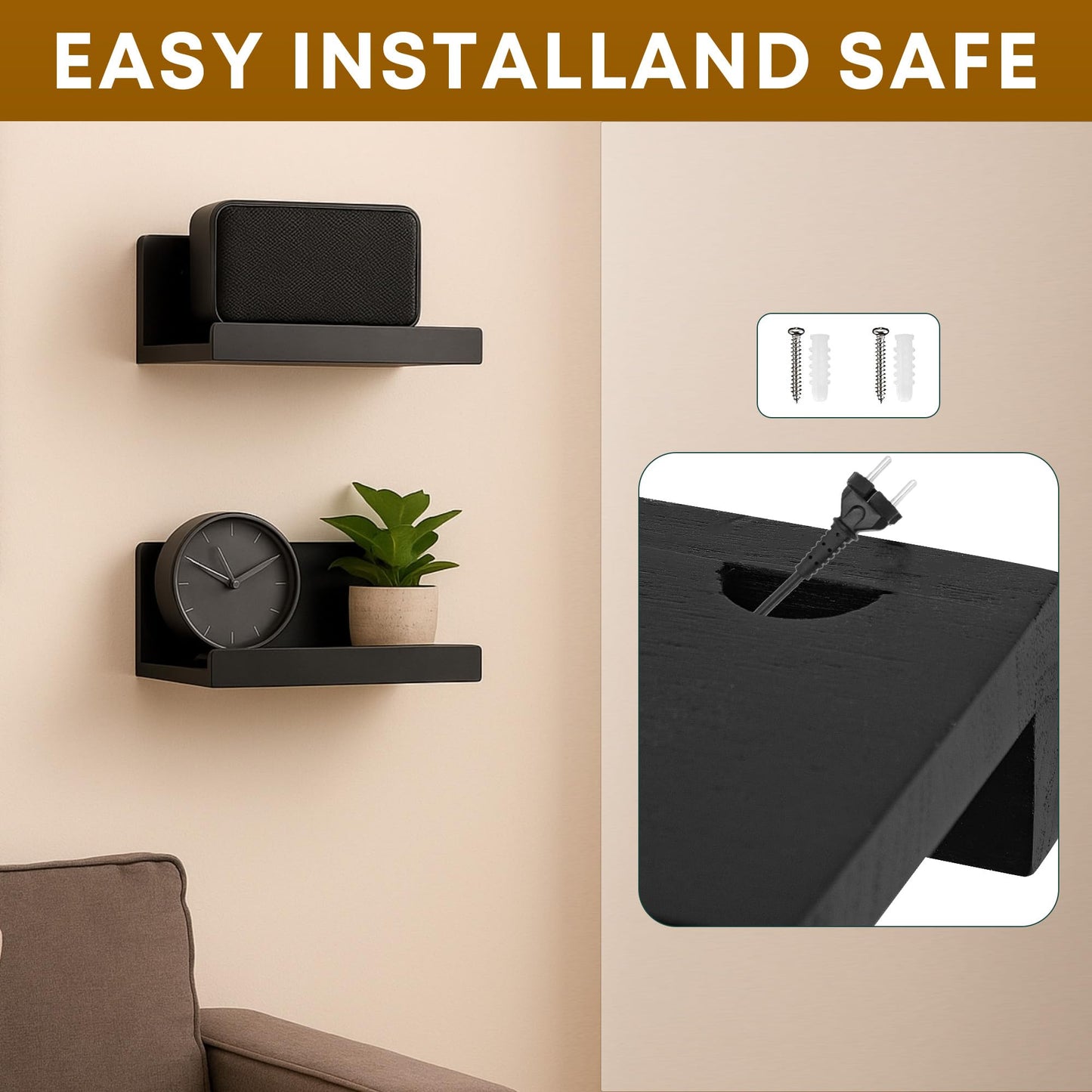 FURAOMEILI Floating Wall Shelves Set of 2, 12-Inch Solid Wood Shelves with Cable Holes, Small Display Shelf for Router, Webcam, Smart Speaker, Camera – Black