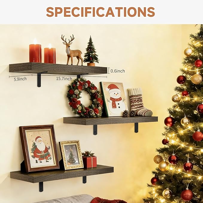 Easy Install Floating Shelves, 15.7 Inch Wall Mounted Wood Shelf, Hanging Shelf