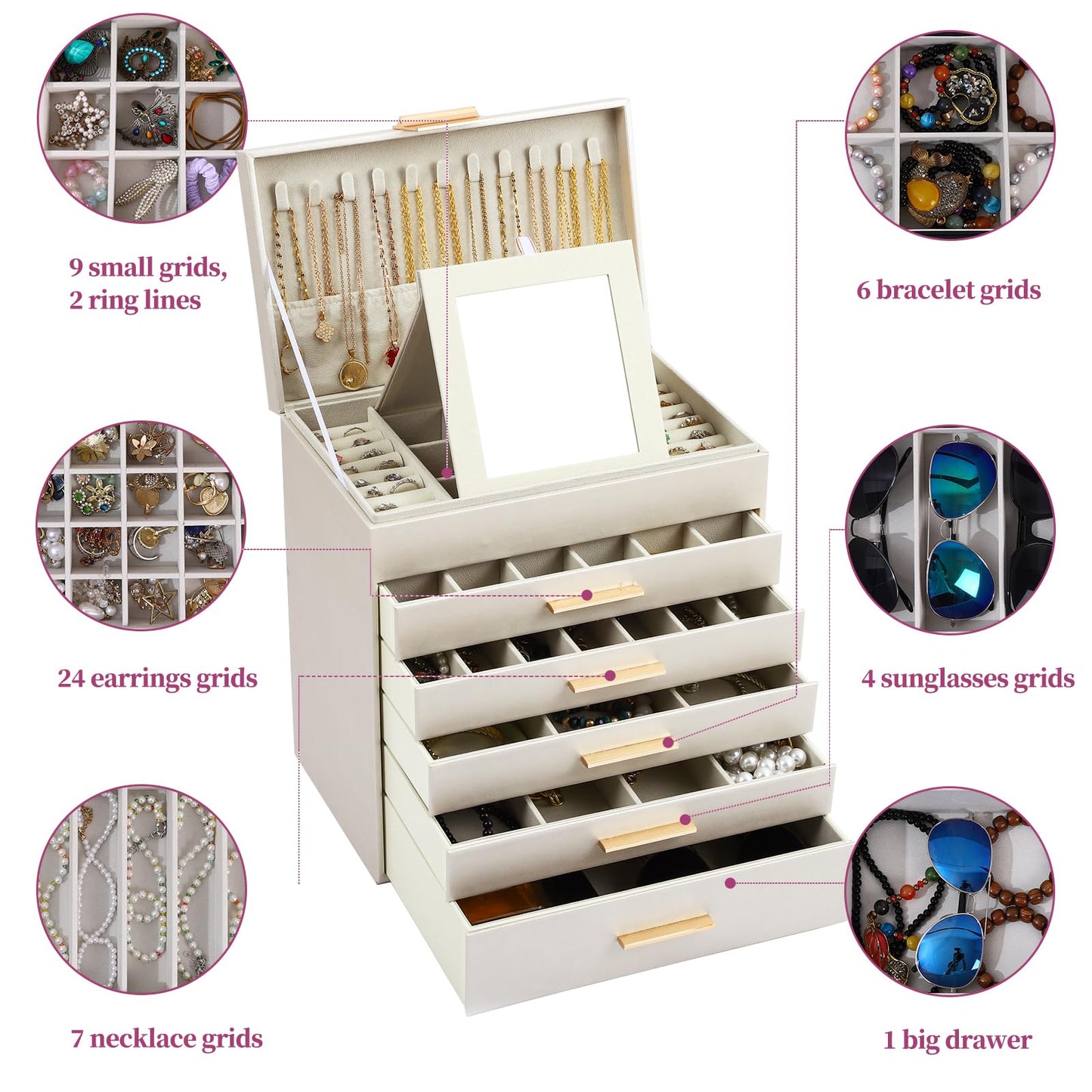 BOOVO Jewelry Boxes for Women, White and Black 6 Layer Large Jewelry Box for Necklace, Bracelet, Earrings, Rings Storage, Jewelry holder Organizer for Girls Gift (Champagne, 6 layer)