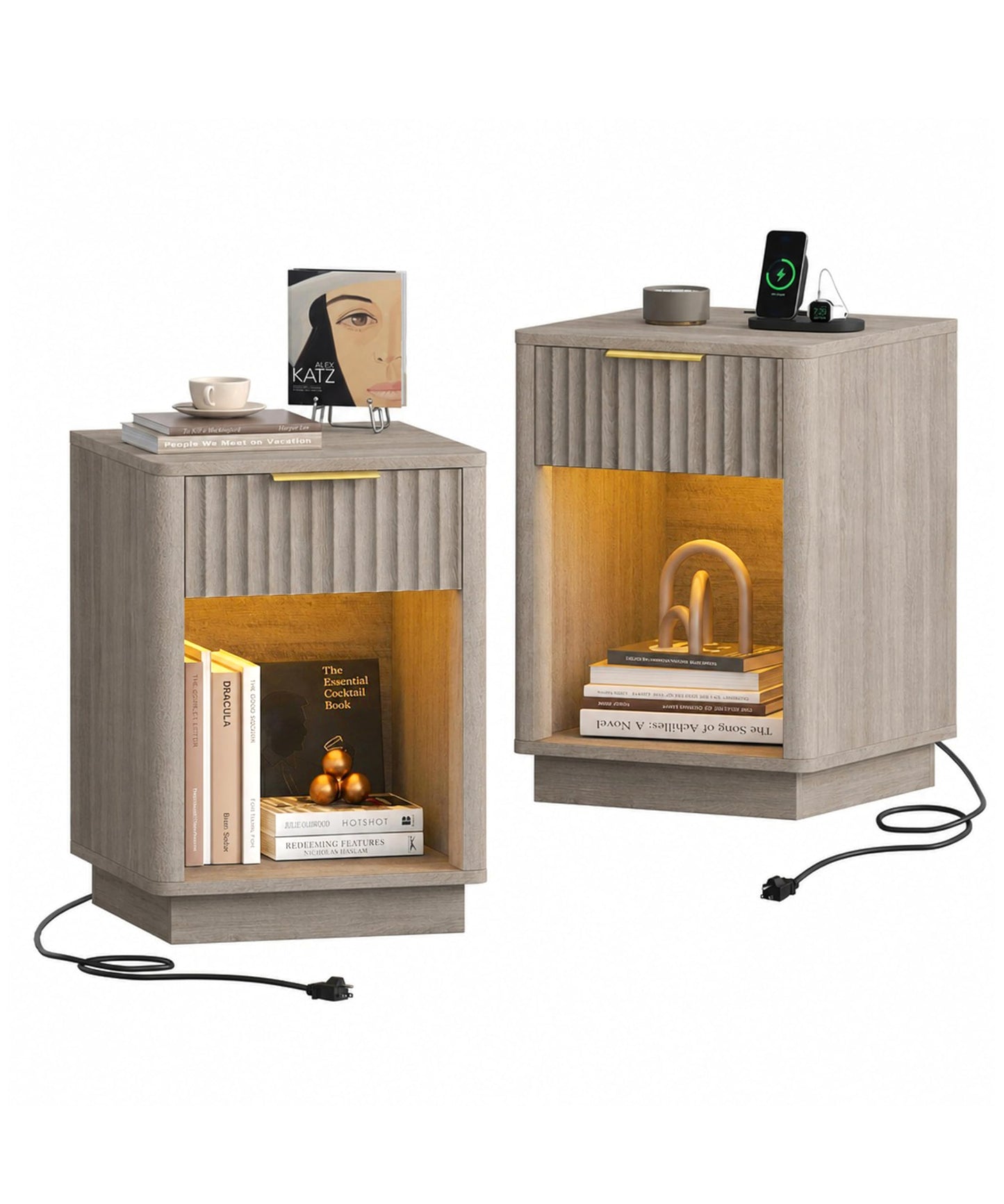 Akxomel Fluted Nightstands Set of 2, Wooden Night Stand with Charging Station and LED Light, Modern Mid Century Bed Side End Table with Drawer, 15" D x 15.7" W x 22.6" H, for Bedroom, Greige