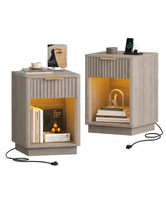 Akxomel Fluted Nightstands Set of 2, Wooden Night Stand with Charging Station and LED Light, Modern Mid Century Bed Side End Table with Drawer, 15" D x 15.7" W x 22.6" H, for Bedroom, Greige