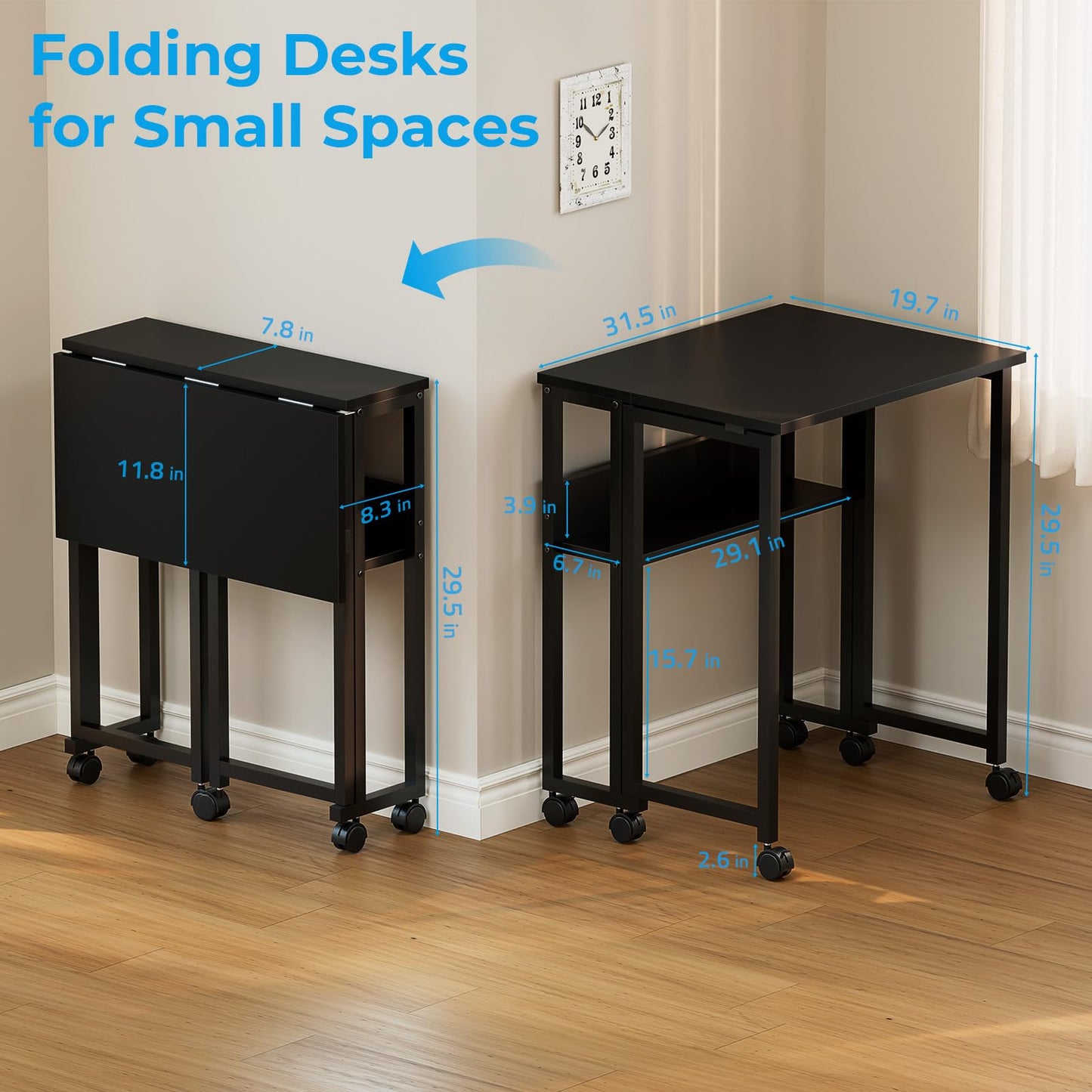 GreenForest Folding Desk with Wheels, 31.5 Inch Compact Rolling Computer Table with Storage Shelf, Portable Mobile Workstation for Small Spaces, Easy Assembly, Black