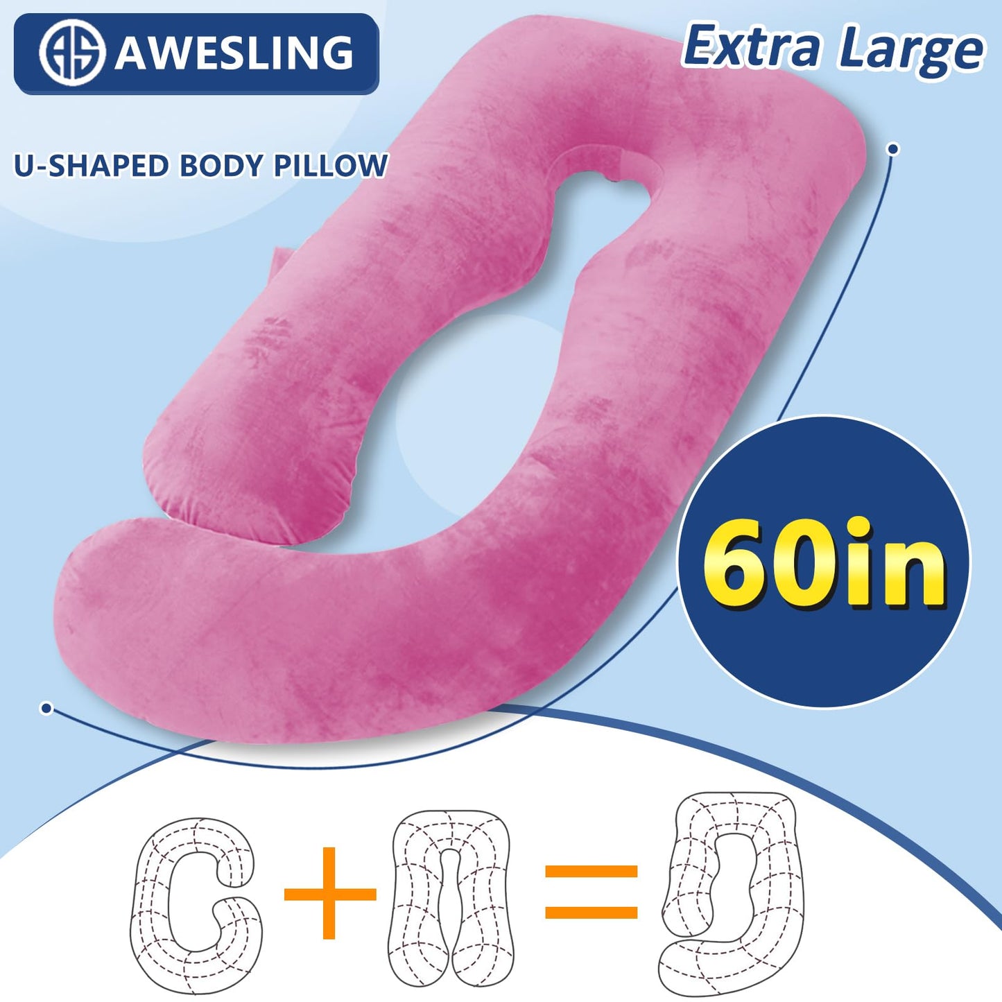 AS AWESLING Shredded Memory Foam Body Pillow, Pregnancy Pillows for Sleeping, Maternity Pillow for Pregnant Women, Memory Foam Filling U Shaped Body Pillow with Velvet Cover (Purple, 60 inch)