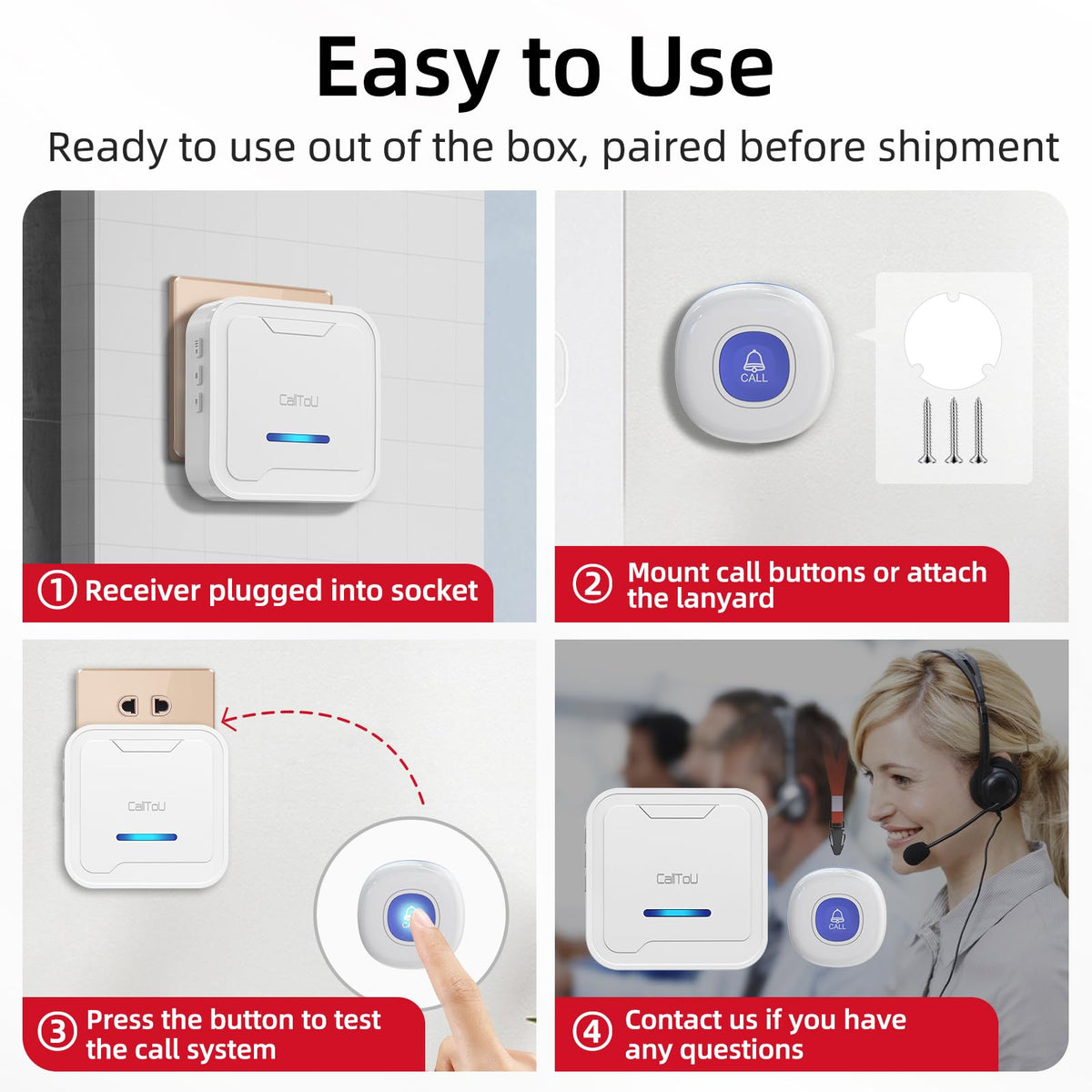 CallToU Wireless Caregiver Pager System, 500+ ft Range, Plug-in Receiver & Waterproof Call Button, Nurse Alert Emergency Call Button for Elderly, Home & Patient Care, Expandable Assist Call System