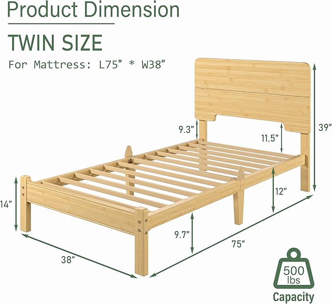 BOSRII 12in High Solid Bamboo Wood Platform Twin Size Bed Frame