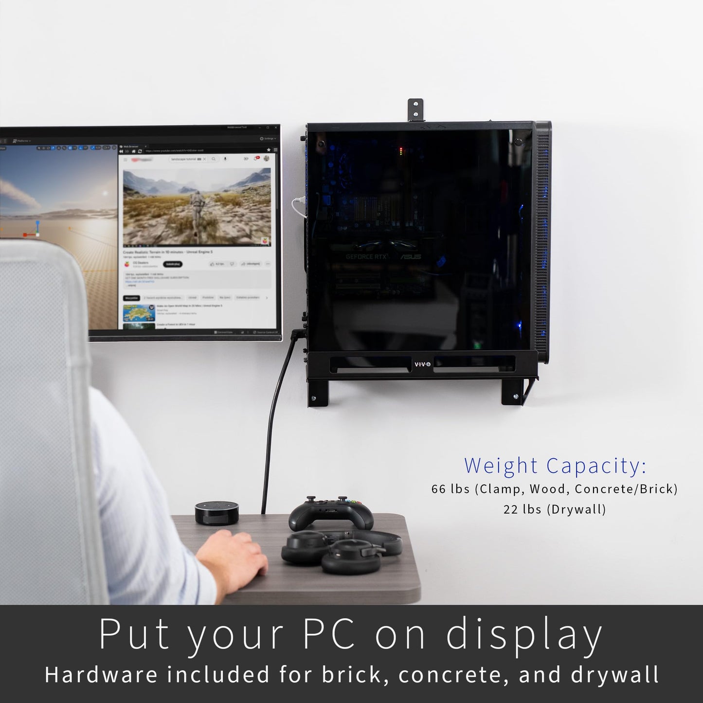 VIVO Clamp-on Desk Extender PC Desk Mount Holder with Wall Mount Option, Standard and Large Gaming Computer Case Stand, Adjustable with Secure Locking, Black, MOUNT-PC07G