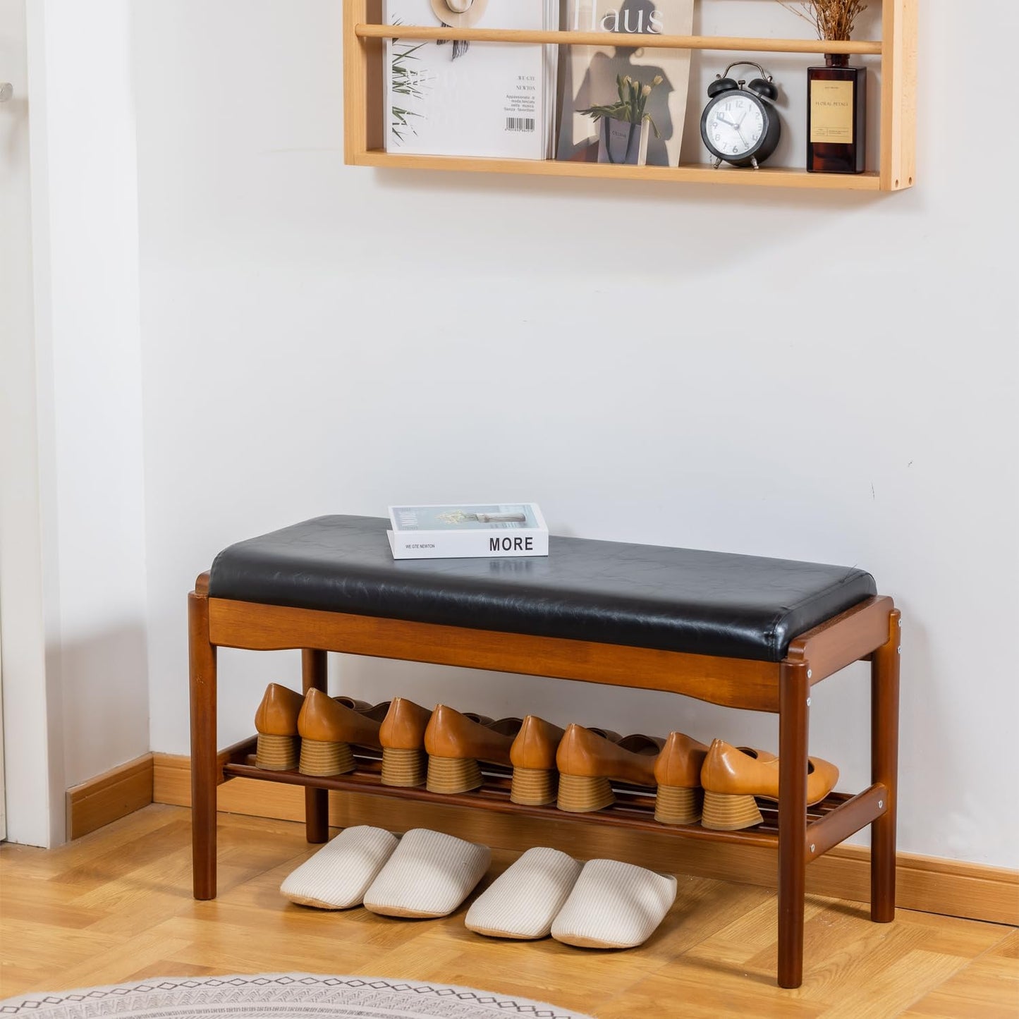 SOBIBO Entryway Shoe Bench with Cushioned Seat, 2-Tier Rubberwood Shoe Rack Storage Organizer for 8-12 Pairs, 31.5" Shoe Storage Bench (Black)