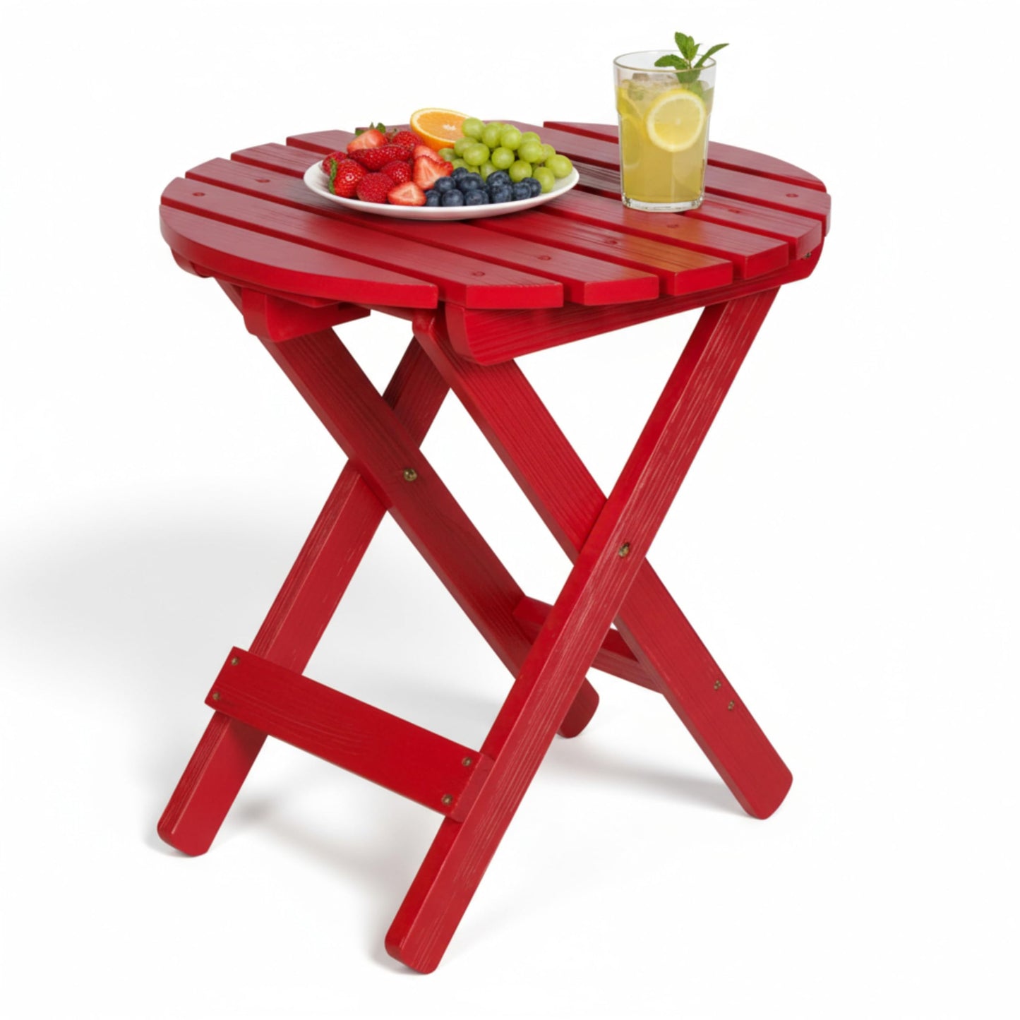 Shine Company Round Wooden Folding Solid Wood Side Table, Outdoor Adirondack Small Patio Table, Chili Red