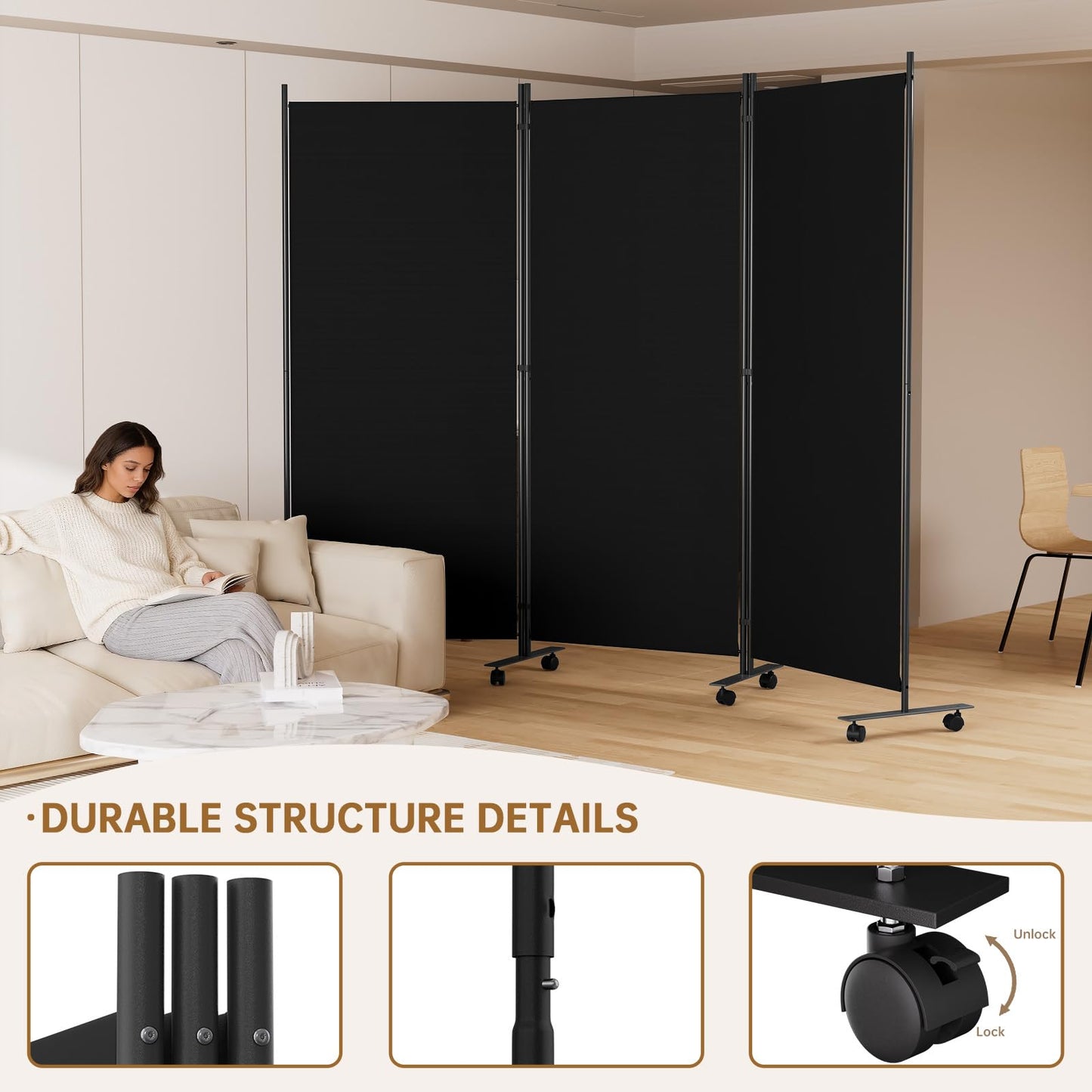 Room Divider 102'' Wide Folding Room Divider Panel with Wheels, 3 Panel Wall Divider for Room Separation, (Upgraded Metal Base) Portable Room Privacy Screen for Space Separator Partition Room Dividers