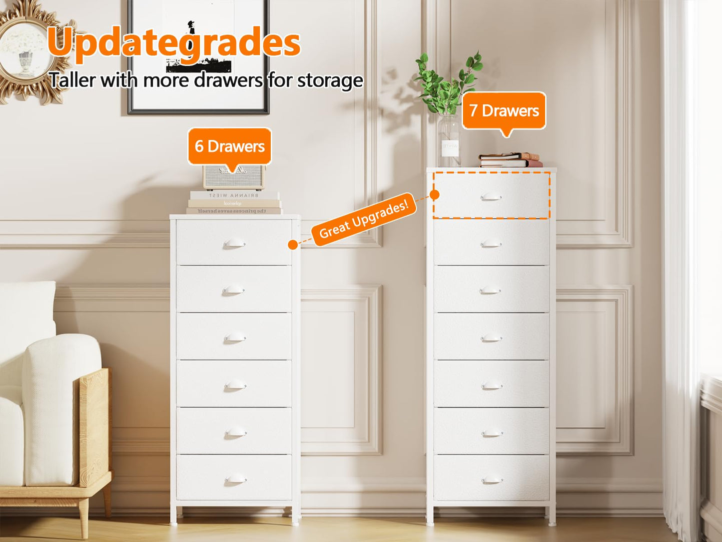 Furnulem White Tall Dresser for Bedroom with 7 Drawers, Vertical Chest of Drawer in Closet, Nightstand Storage Tower Unit Organizer with Fabric Bins for Dorm,Living Room,Entryway,Hallyway