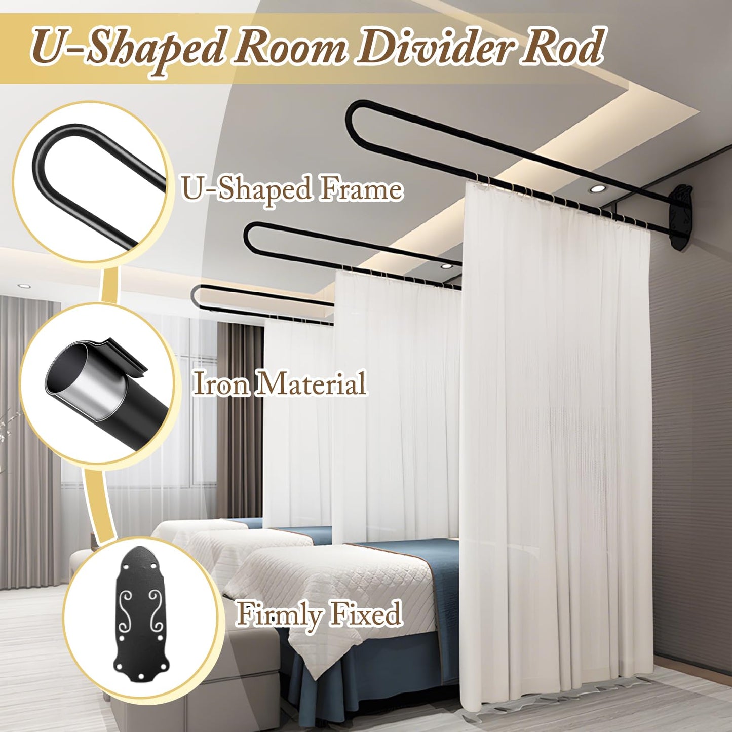 Privacy Partition Curtains,U Shaped Rod with Flat Hook Inherent,U-Shape Portable Panel Room Divider for Fitting Room Beauty Salon Bedroom Hospital SPA, 6.56ft