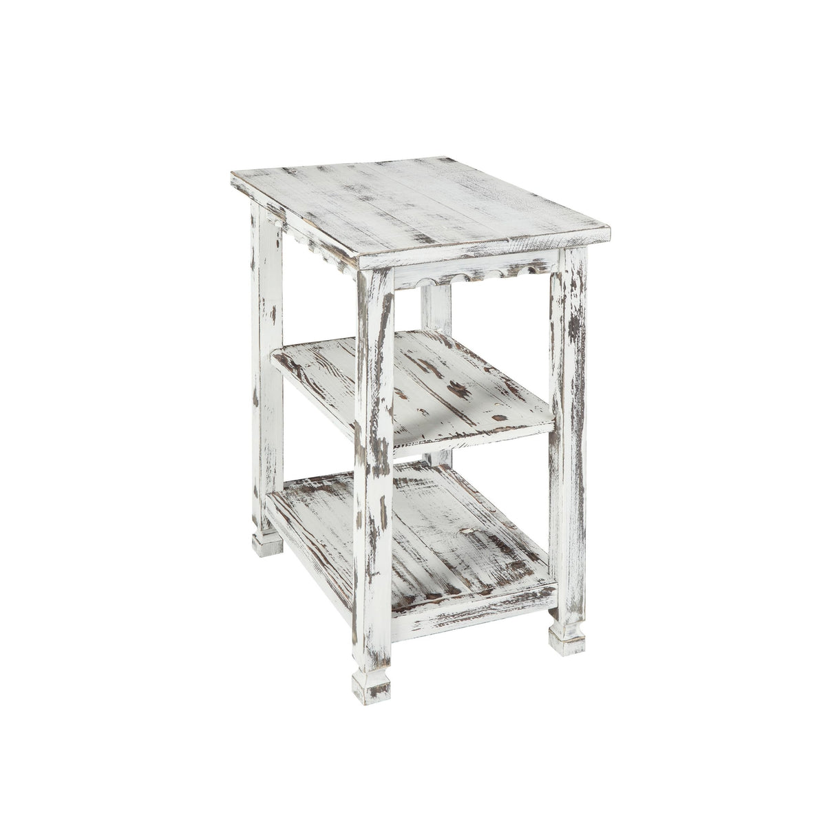 Alaterre Furniture Country Cottage Rustic Farmhouse Nightstand – 3-Tier Narrow End Table with Weathered Faded Finish, Carved Edges, & Turned Legs (Distressed Antique White)