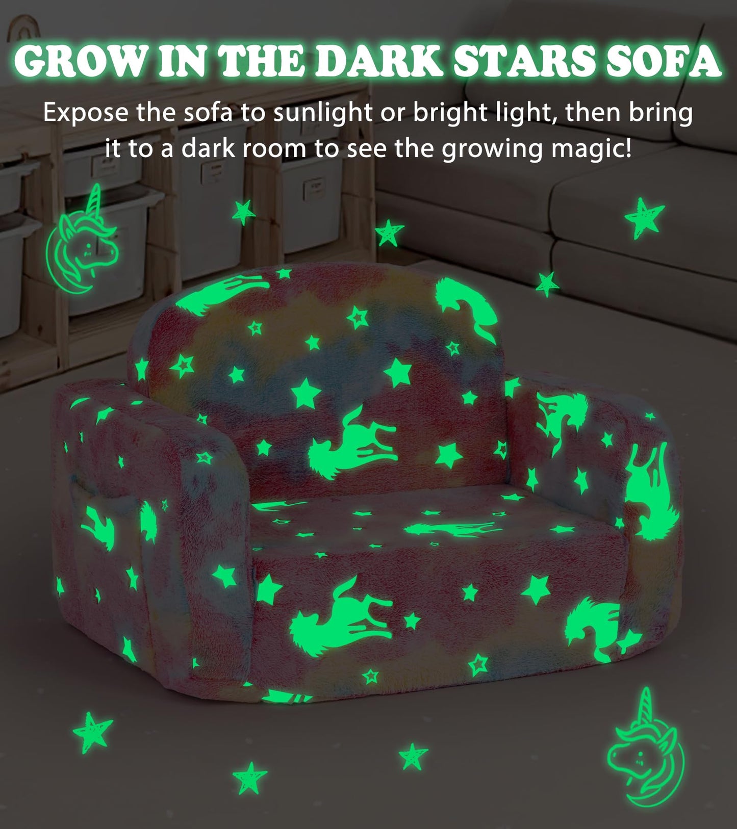 Kids Couch, 2-in-1 Soft Toddler Couch Fold Out with Blanket and Cloud Pillow, Glow in The Dark, Toddler Chair Comfy, Convertible Sofa, Gifts for Kids Girl Boys, Medium Pink Unicorn