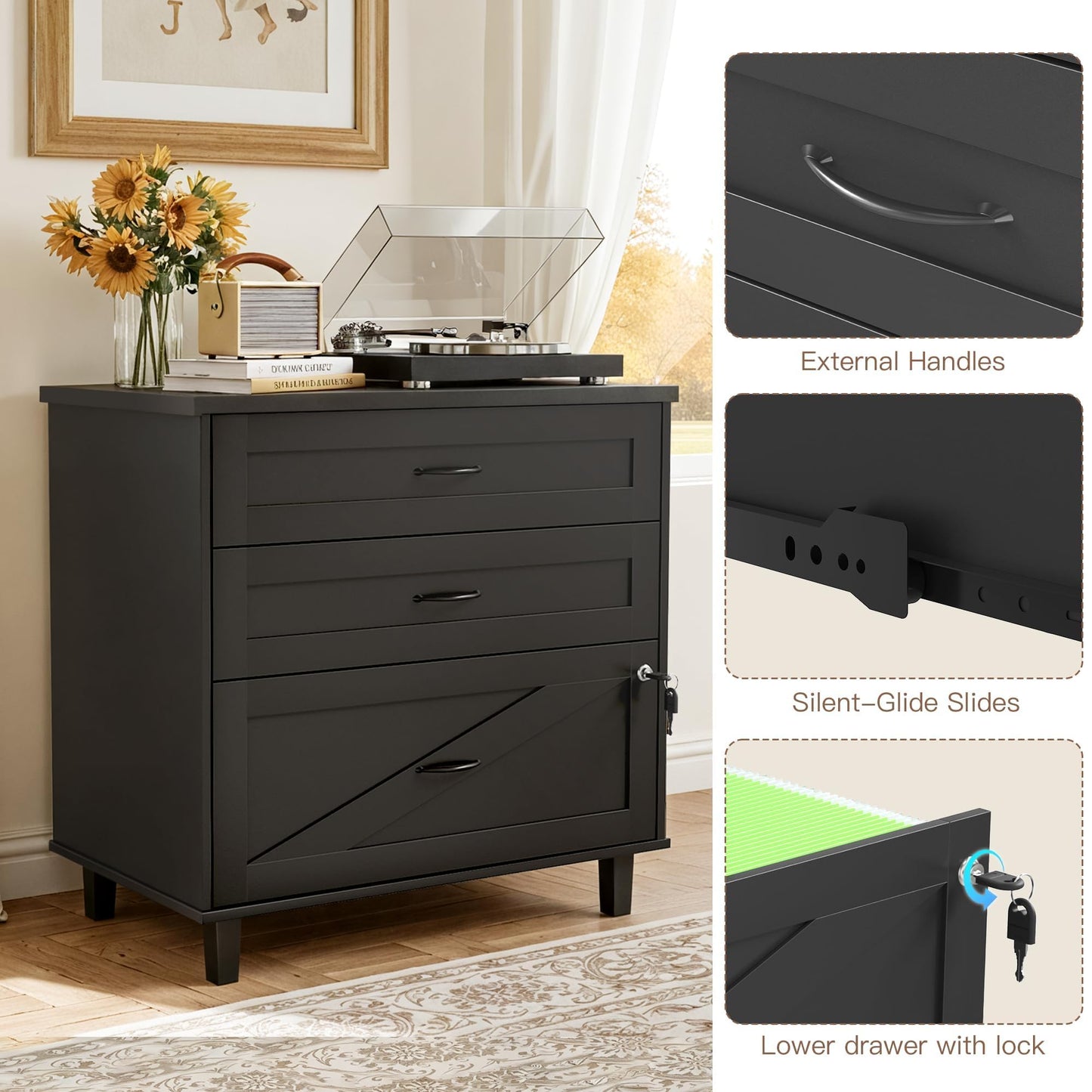 Quikraen Large Wooden File Cabinet Black 32in Lateral Filing Cabinets 3 Drawer with Hanging File Folders for A4 Letter Legal Wood Office Storage Organizer Furniture Printer Stand