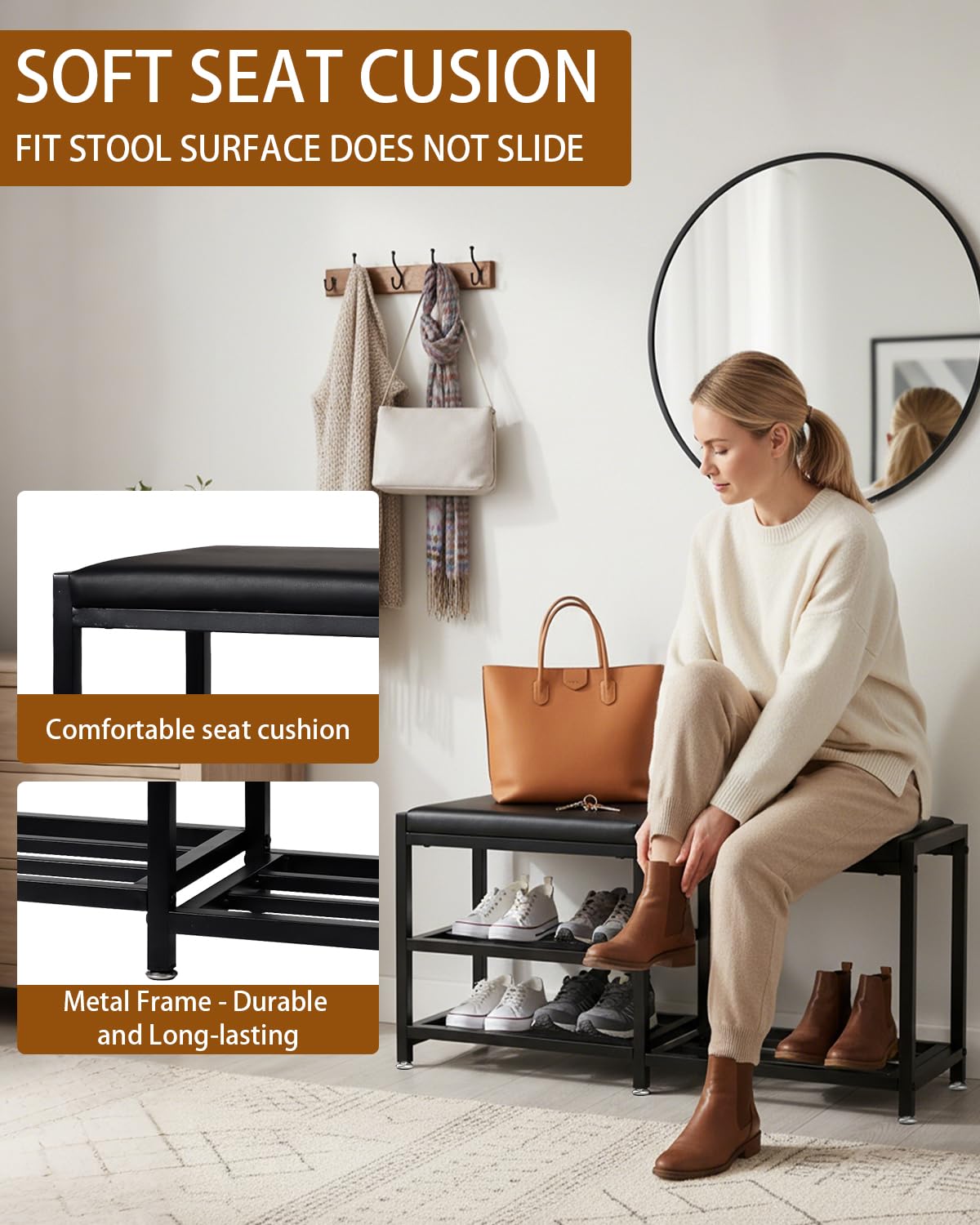 VewePata Shoe Rack Storage Bench for Entryway - Iron Shoe Rack with Bench for Entryway, Front Door Entrances or Bathroom, Space-Saving and Robust, Holds Up to 560 lb