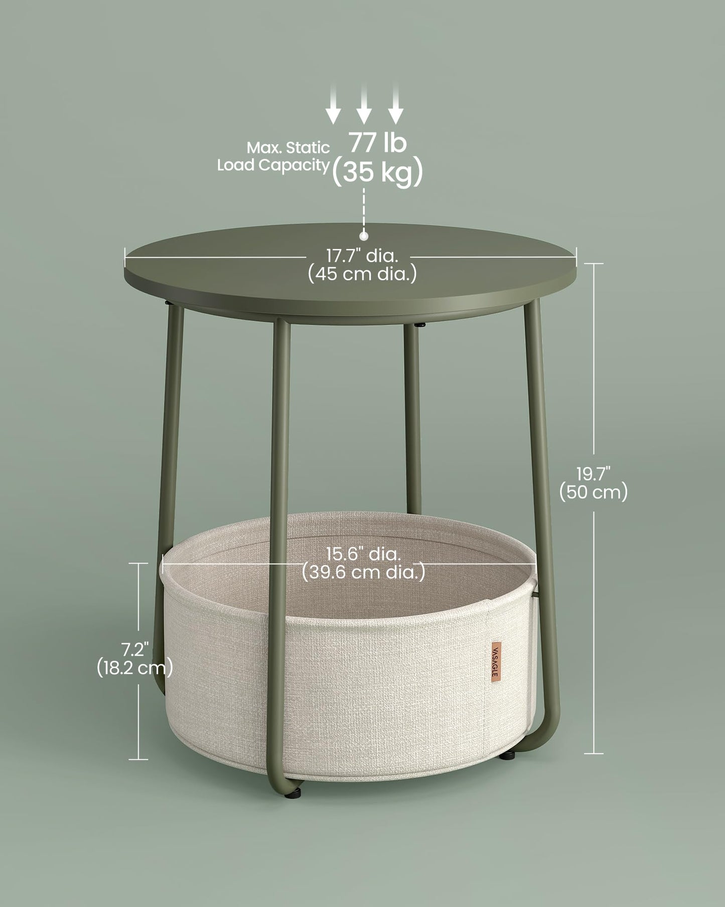 VASAGLE LILEA Collection - Small Round Side End Table, Modern Nightstand with Fabric Basket, Forest Green and Cream White ULET223C80