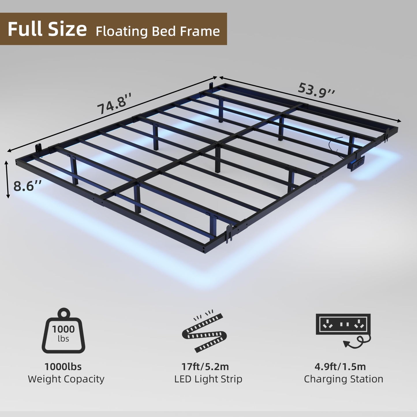 Muluflower Floating Bed Frame Full Size with Charging Station and LED Lights, Metal Platform Bed Frame, No Box Spring Needed, Easy Assembly, (Full)