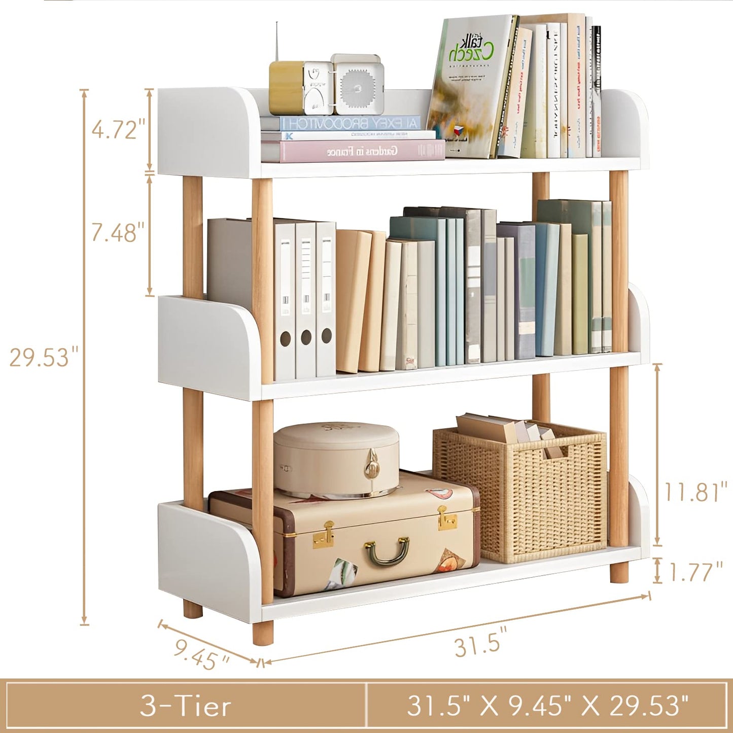 OSCHF 3-Tier Wooden Open Bookcase - Modern Display Bookshelf with Top Edge and Solid Wood Frame for Home and Office, Storage Cabinet, Warm White